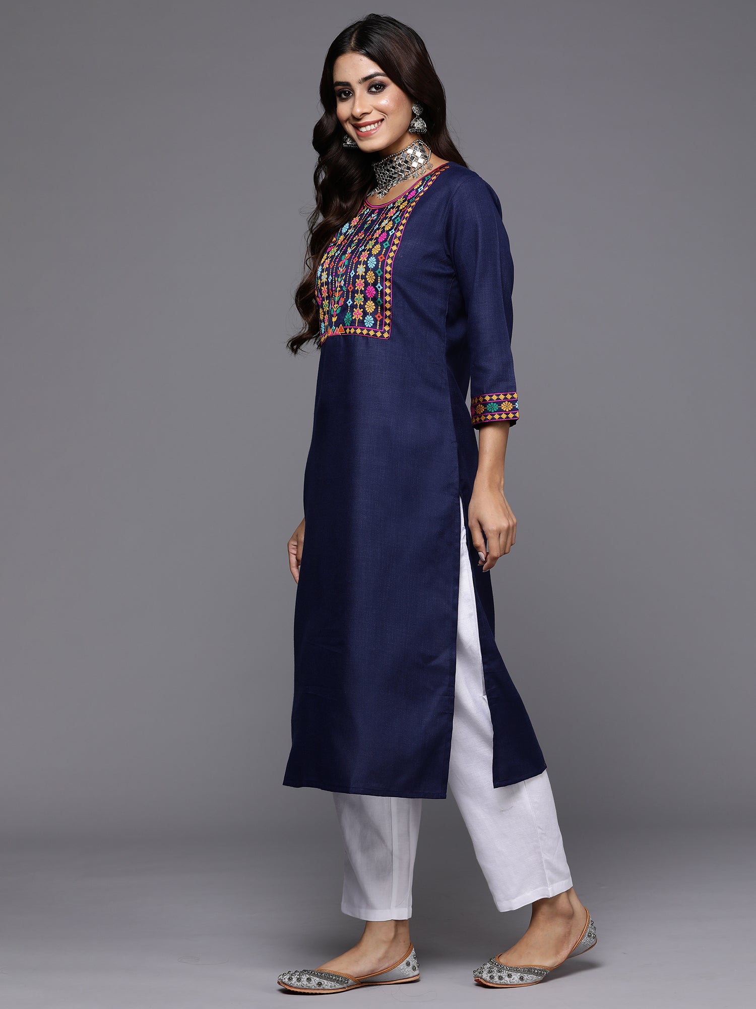 Navy Blue Yoke Design Straight Casual Kurtas