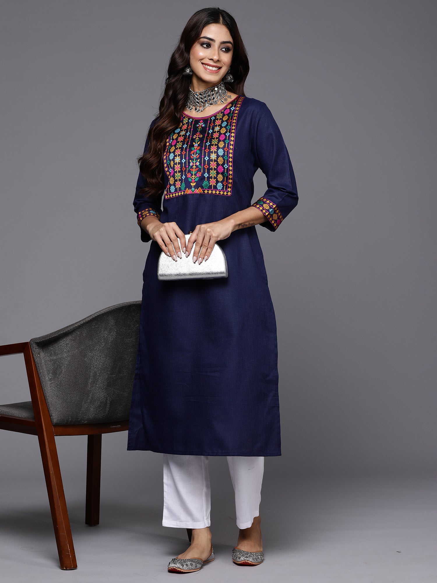 Navy Blue Yoke Design Straight Casual Kurtas