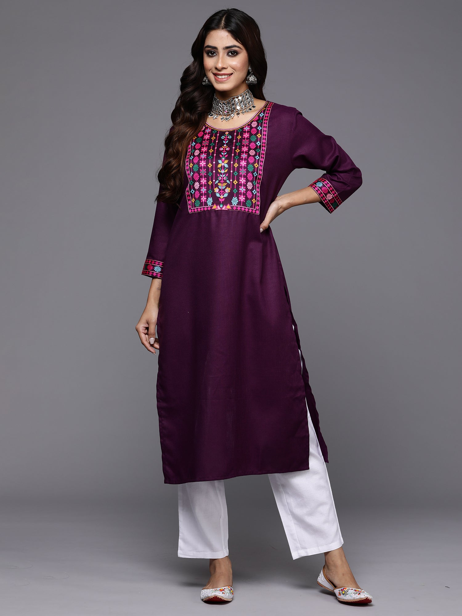 Purple Yoke Design Straight Casual Kurtas