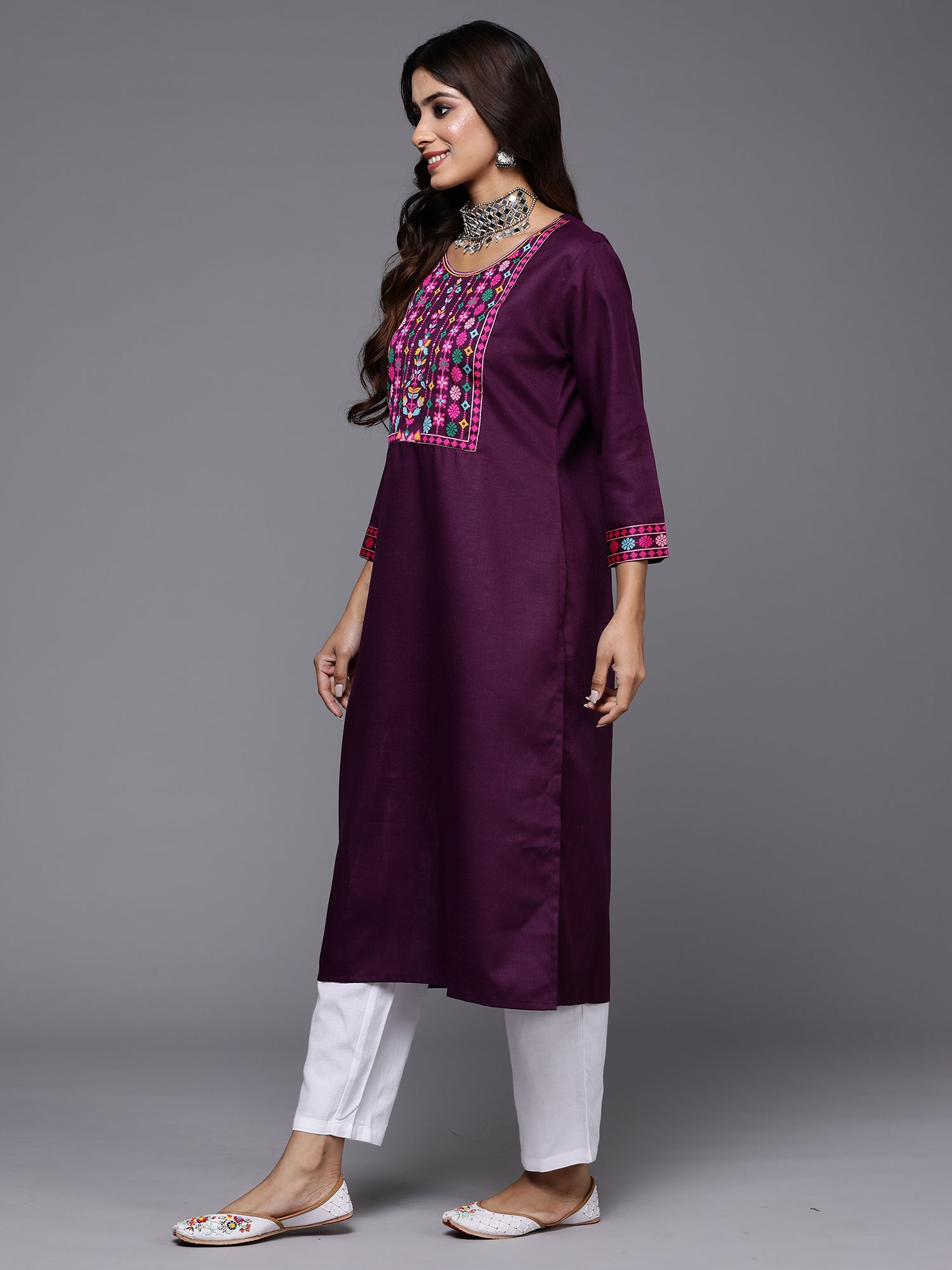 Purple Yoke Design Straight Casual Kurtas