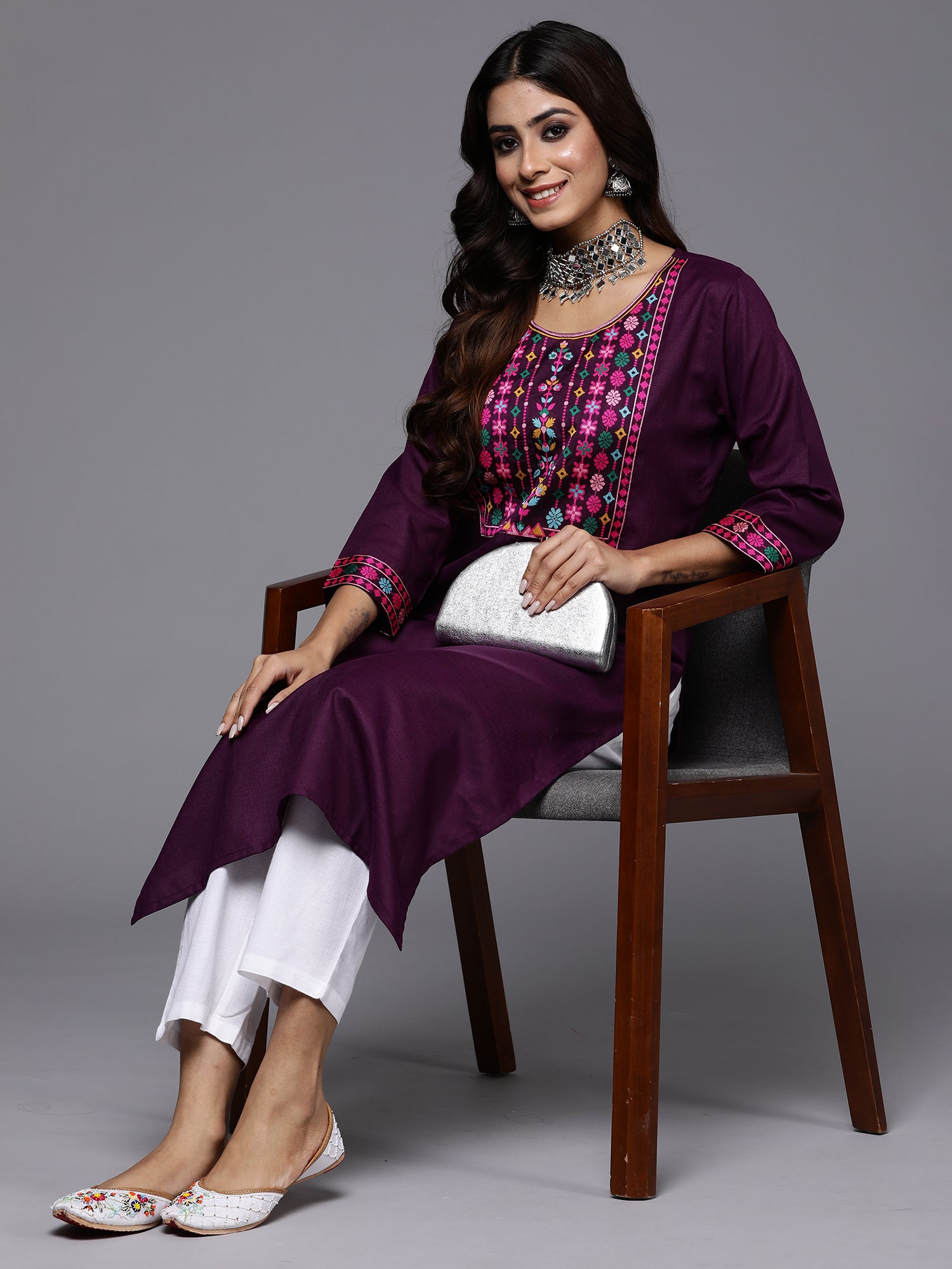 Purple Yoke Design Straight Casual Kurtas