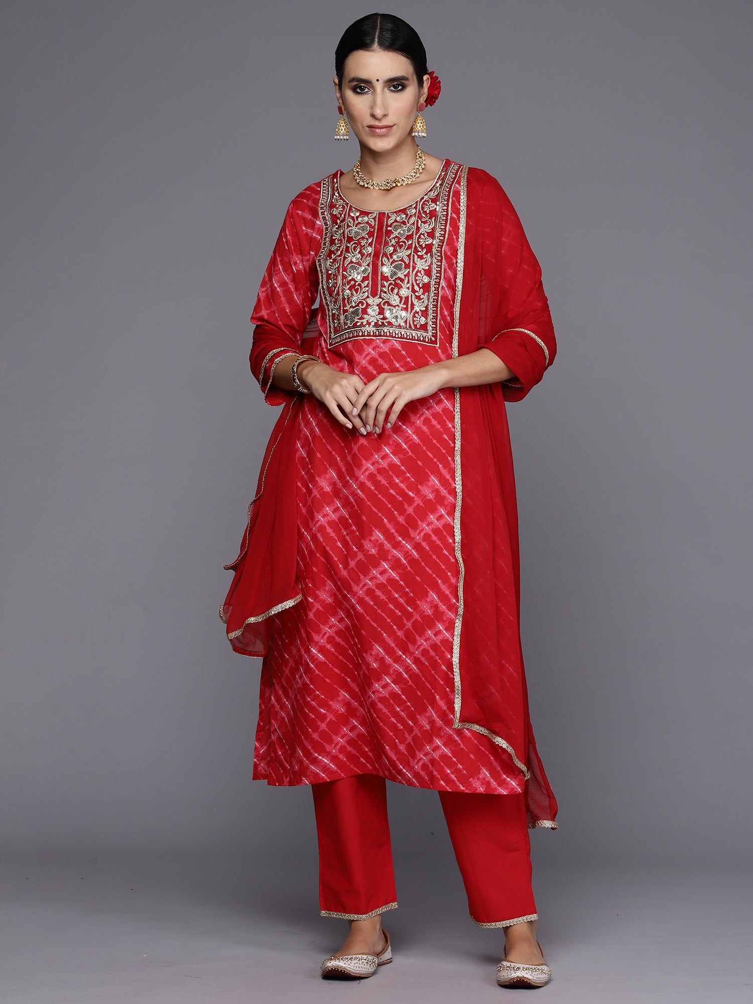 Red Embroidered Straight Kurta Palazzos With Dupatta Set