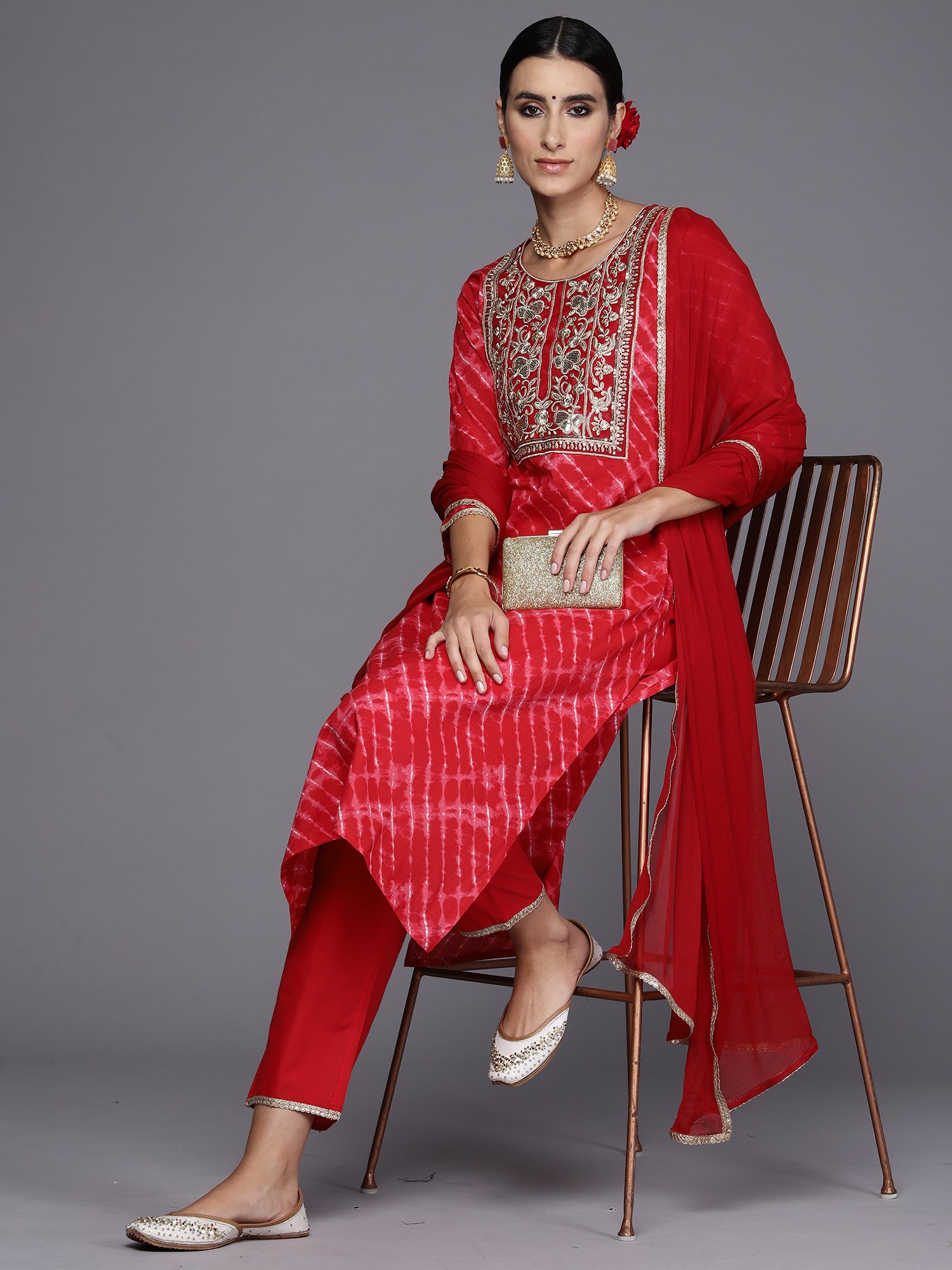 Red Embroidered Straight Kurta Palazzos With Dupatta Set