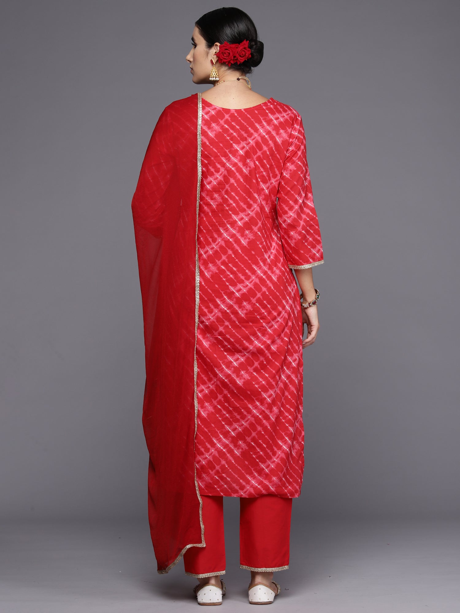 Red Embroidered Straight Kurta Palazzos With Dupatta Set