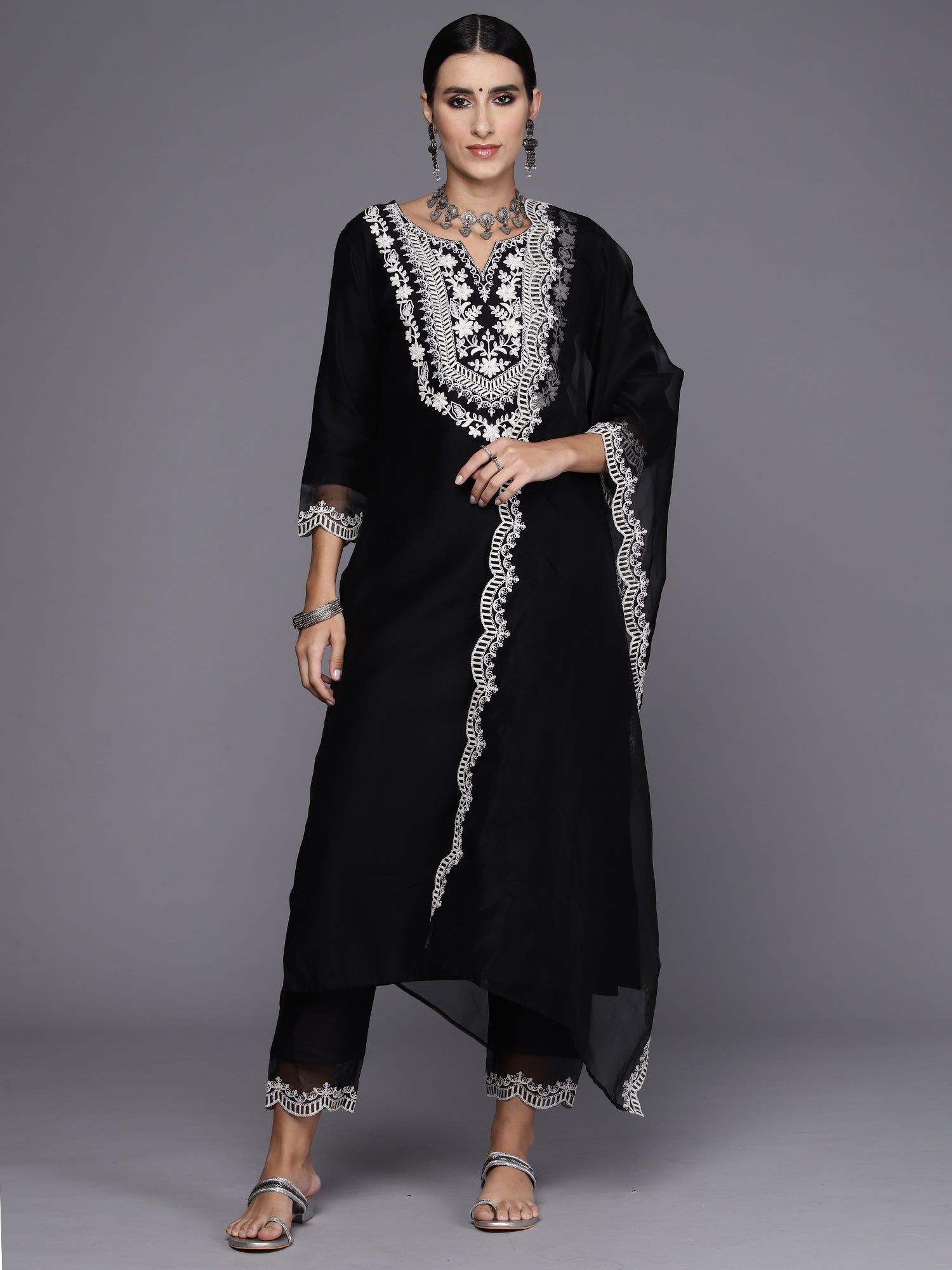 Black Embroidered Straight Kurta Trousers With Dupatta Set