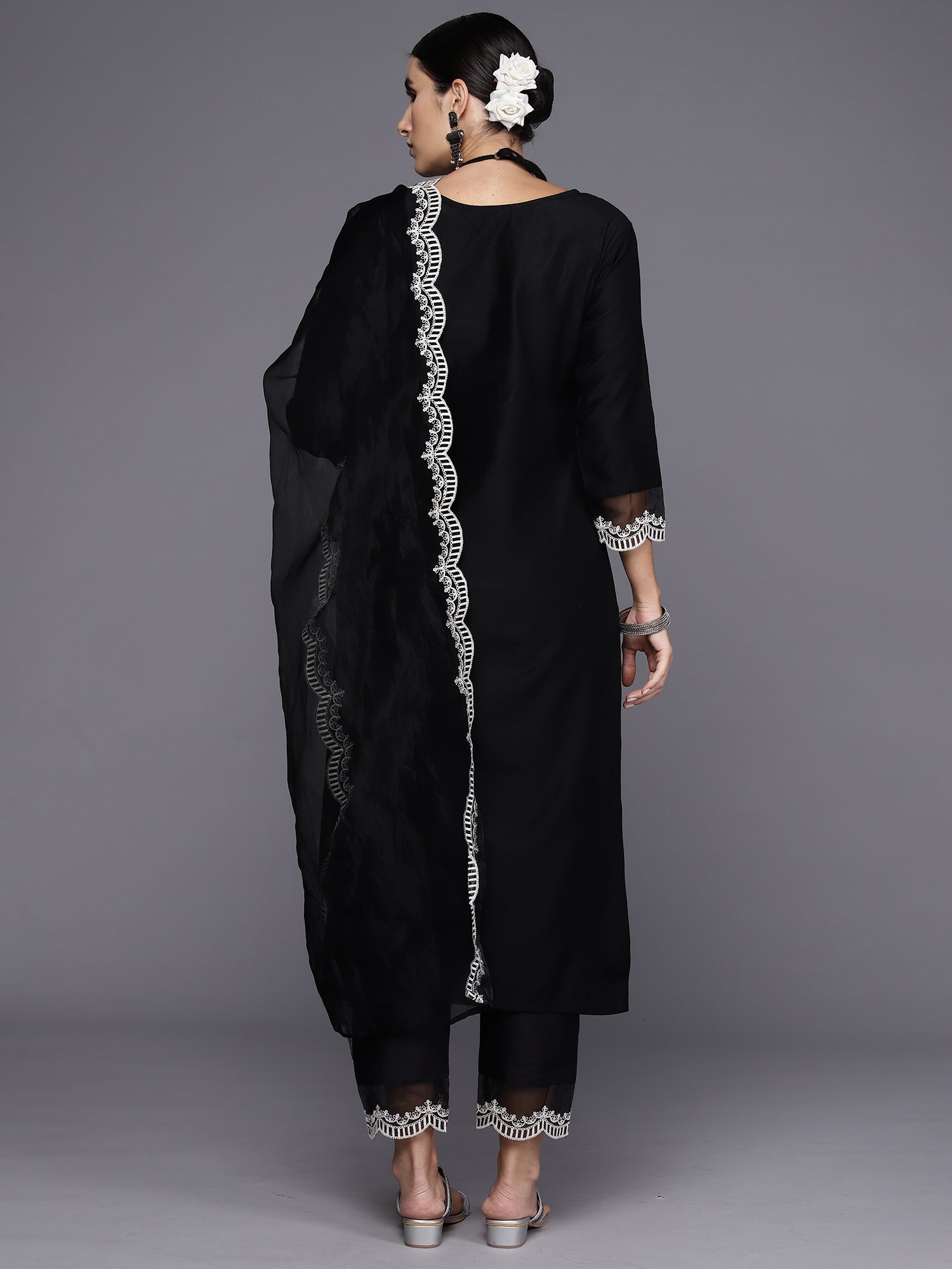 Black Embroidered Straight Kurta Trousers With Dupatta Set