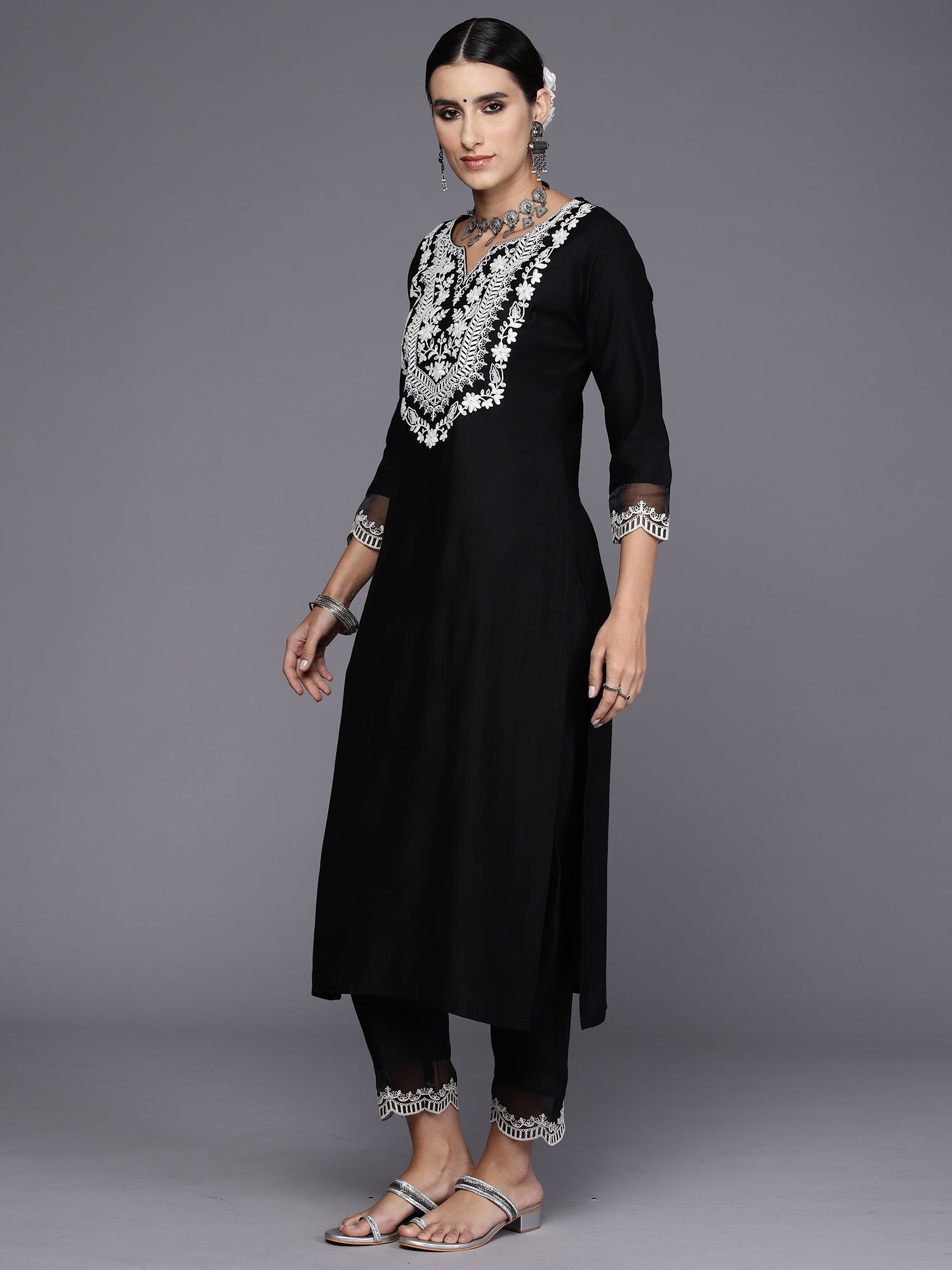 Black Embroidered Straight Kurta Trousers With Dupatta Set