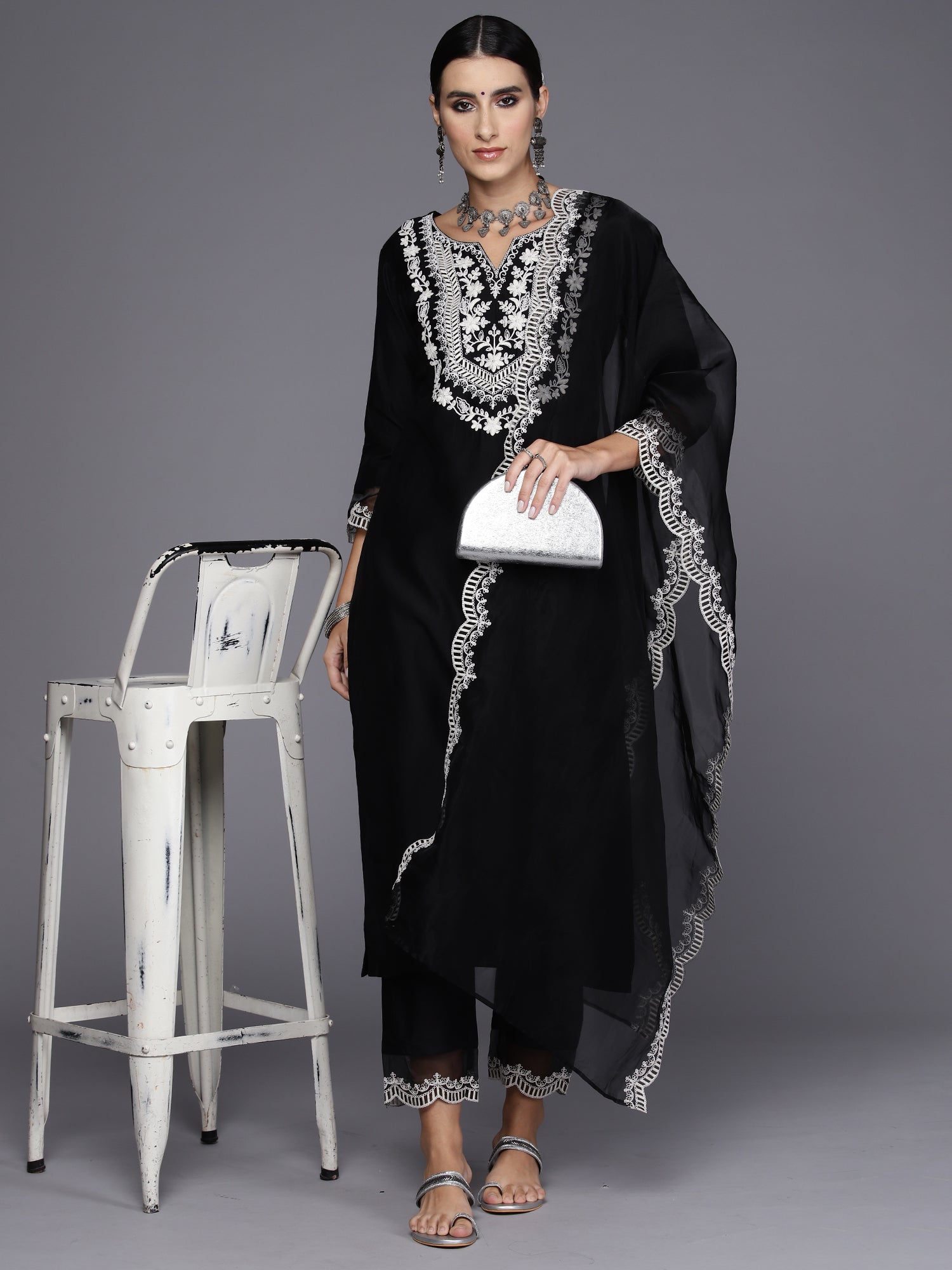 Black Embroidered Straight Kurta Trousers With Dupatta Set