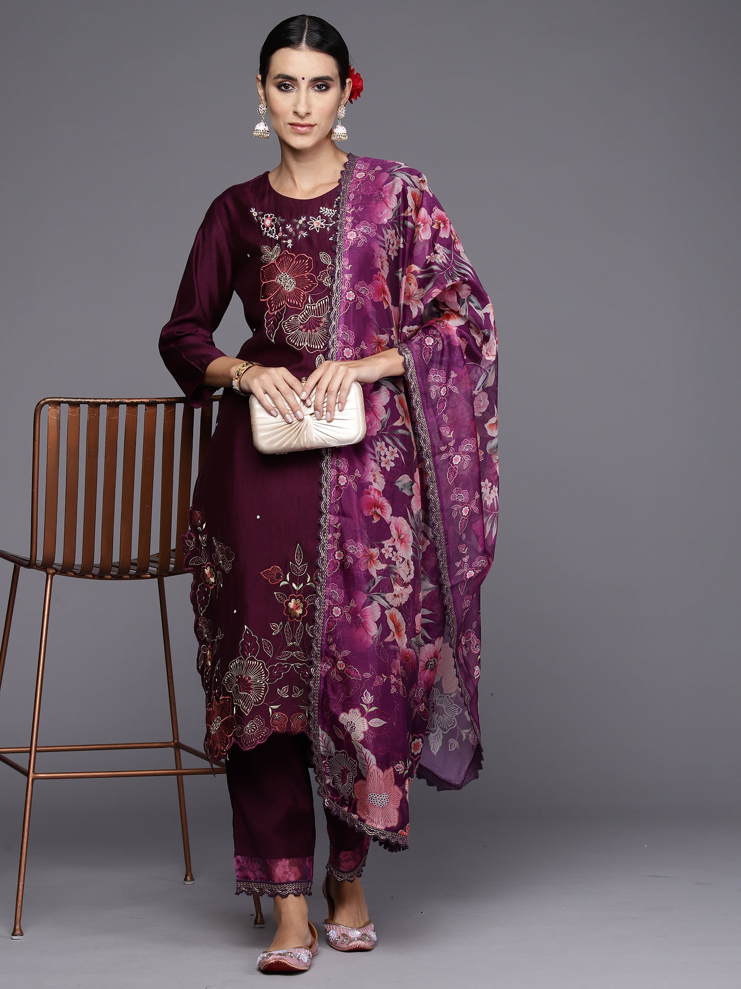 Wine Embroidered Straight Kurta Trousers With Dupatta Set