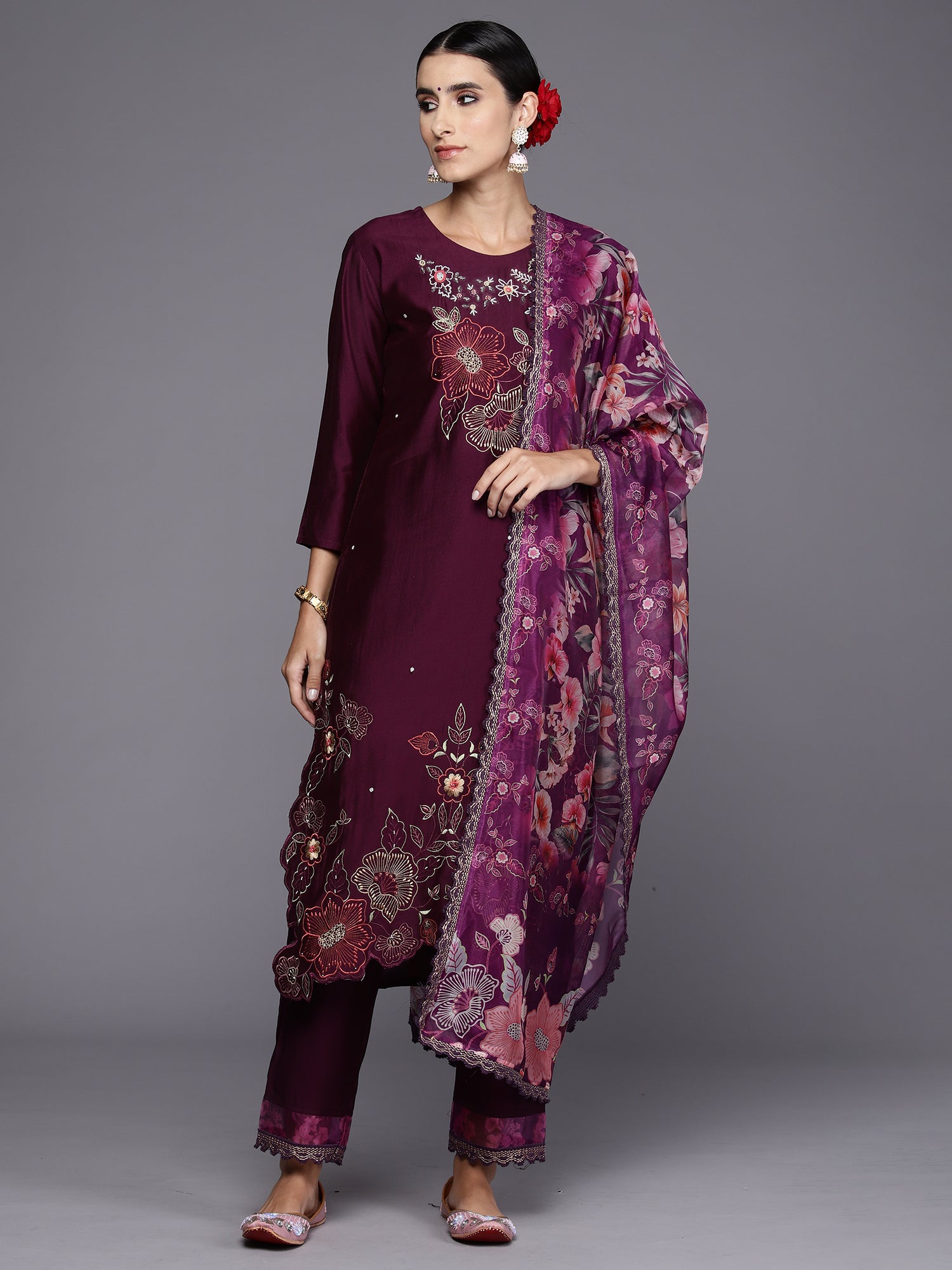 Wine Embroidered Straight Kurta Trousers With Dupatta Set