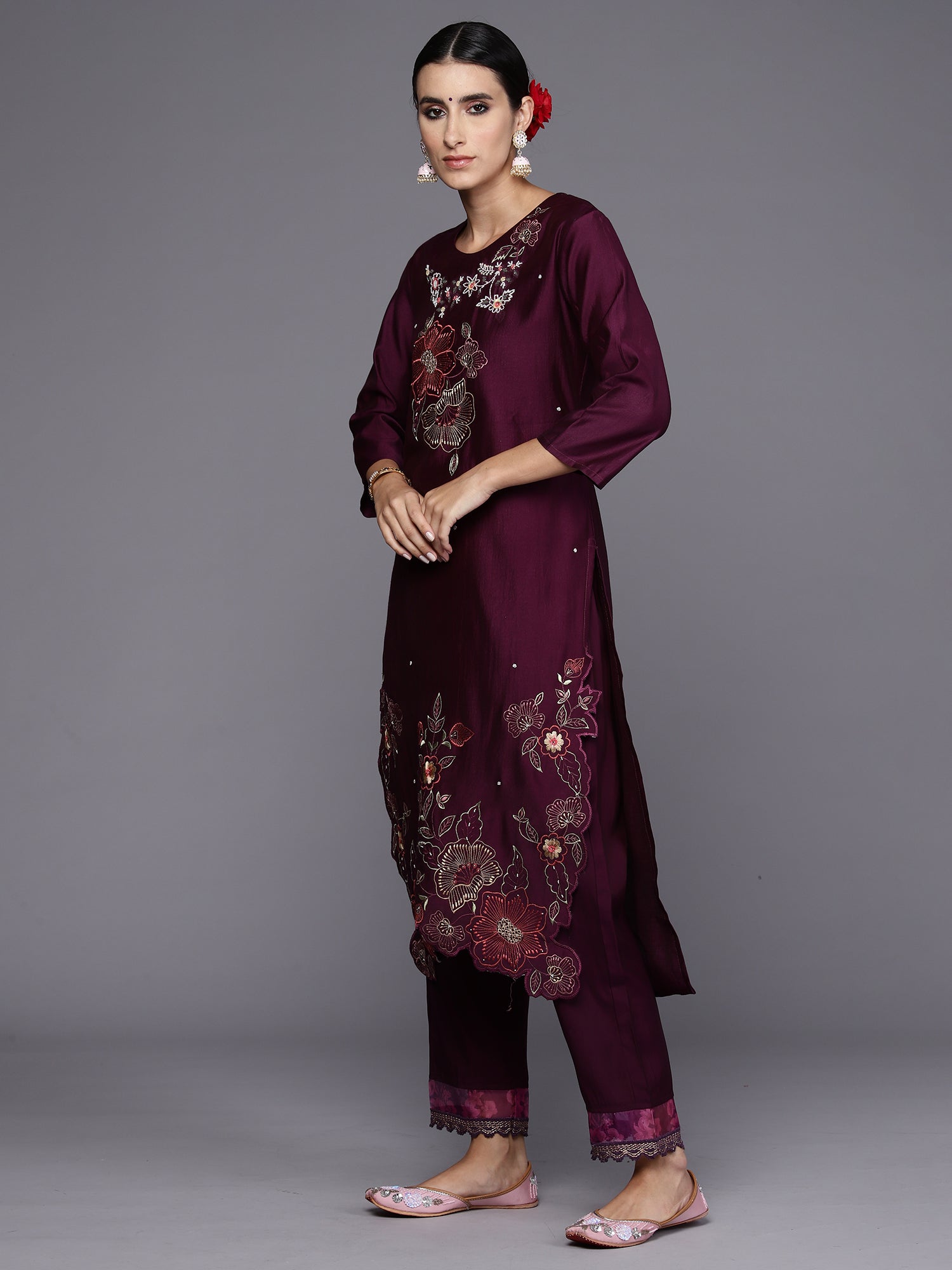 Wine Embroidered Straight Kurta Trousers With Dupatta Set