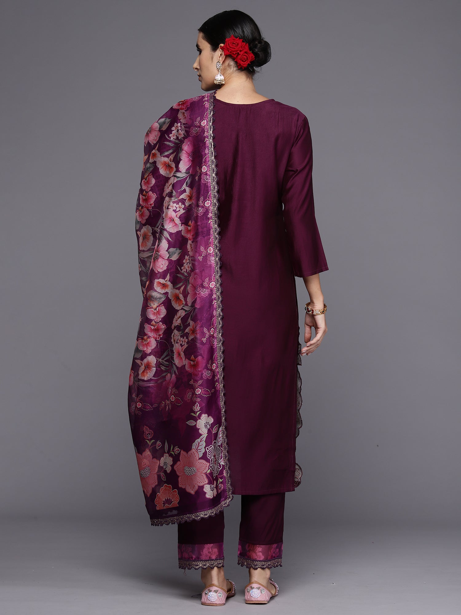 Wine Embroidered Straight Kurta Trousers With Dupatta Set