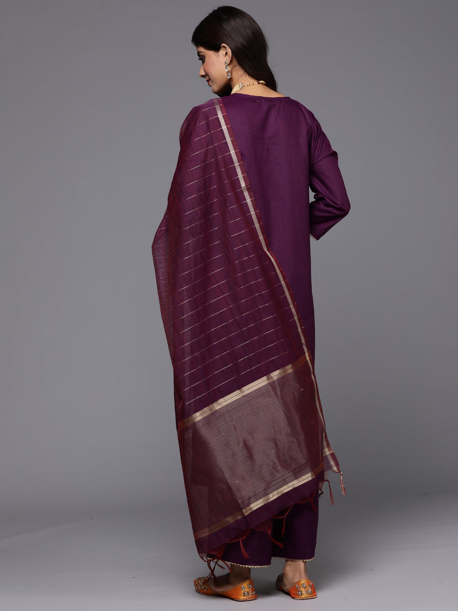 Purple Yoke Design Straight Kurta Palazzos With Dupatta Set