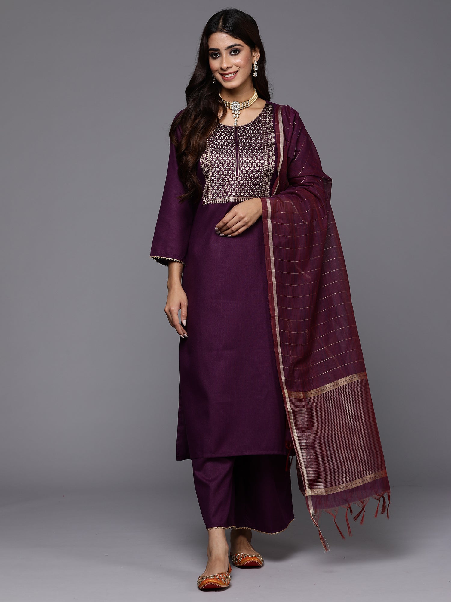 Purple Yoke Design Straight Kurta Palazzos With Dupatta Set