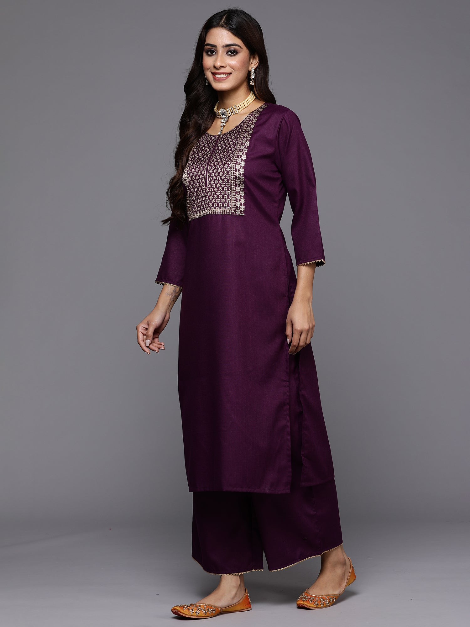 Purple Yoke Design Straight Kurta Palazzos With Dupatta Set