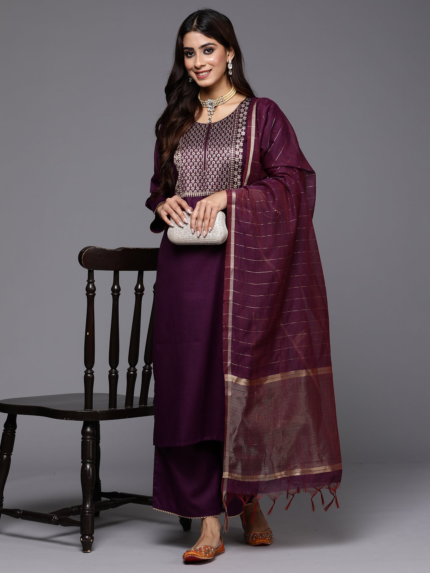 Purple Yoke Design Straight Kurta Palazzos With Dupatta Set