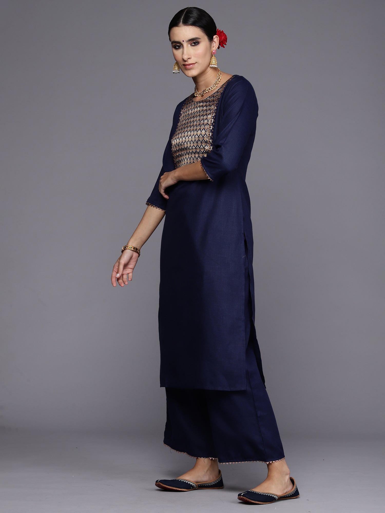 Navy Blue Yoke Design Straight Kurta Trousers With Dupatta Set