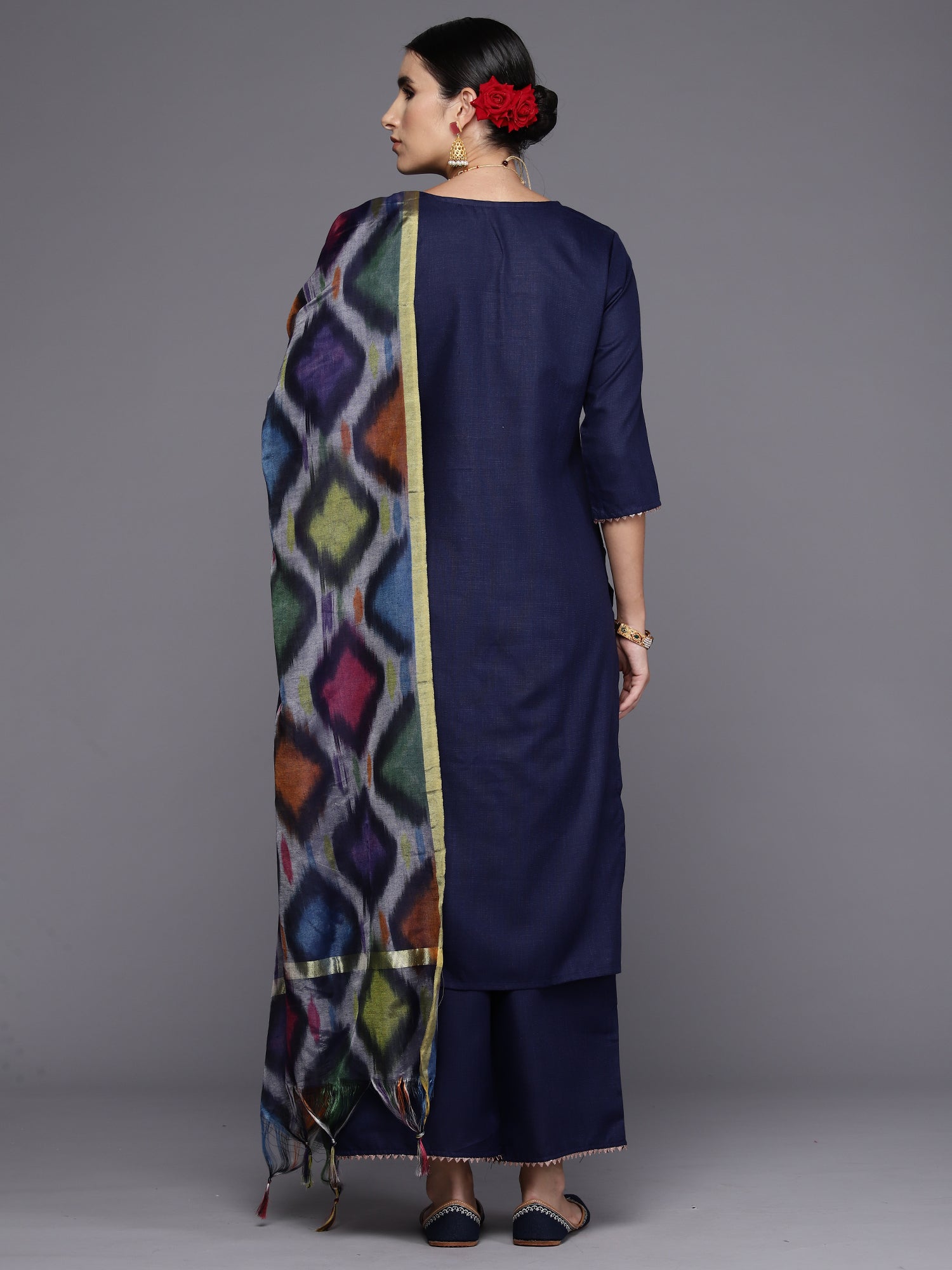 Navy Blue Yoke Design Straight Kurta Trousers With Dupatta Set