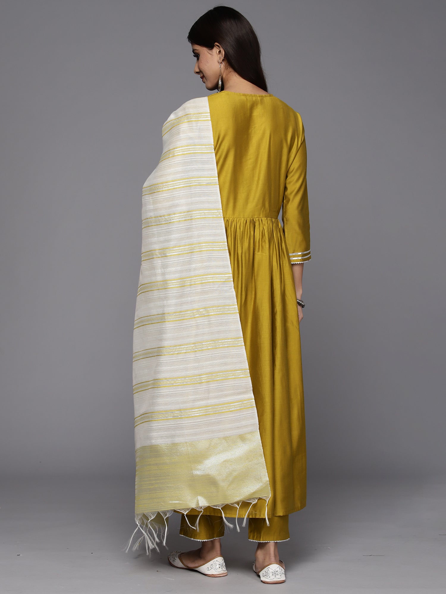 Olive Embroidered A-Line Kurta Trousers With Dupatta Set