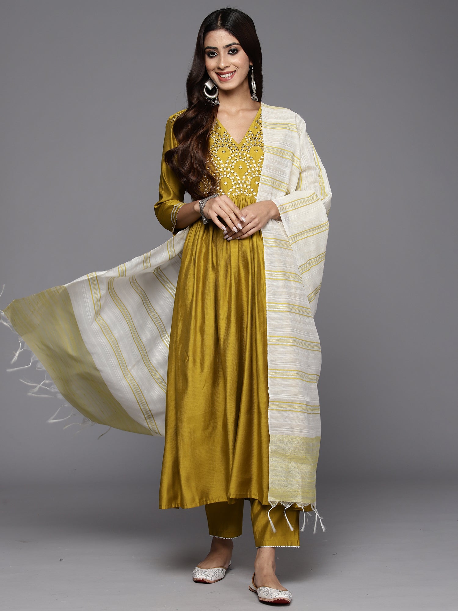 Olive Embroidered A-Line Kurta Trousers With Dupatta Set