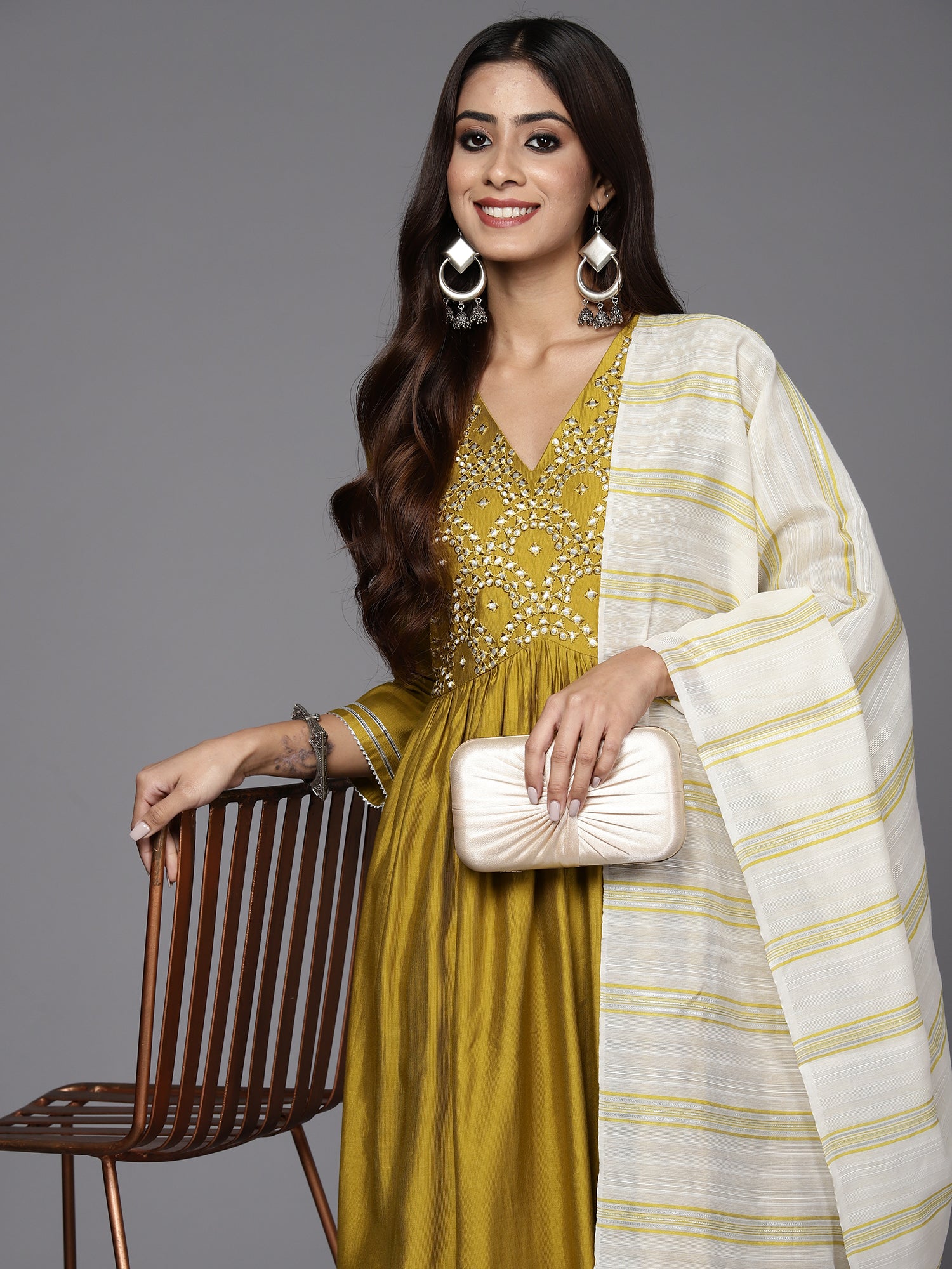 Olive Embroidered A-Line Kurta Trousers With Dupatta Set