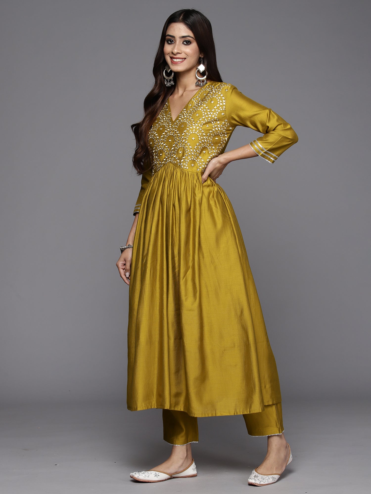 Olive Embroidered A-Line Kurta Trousers With Dupatta Set