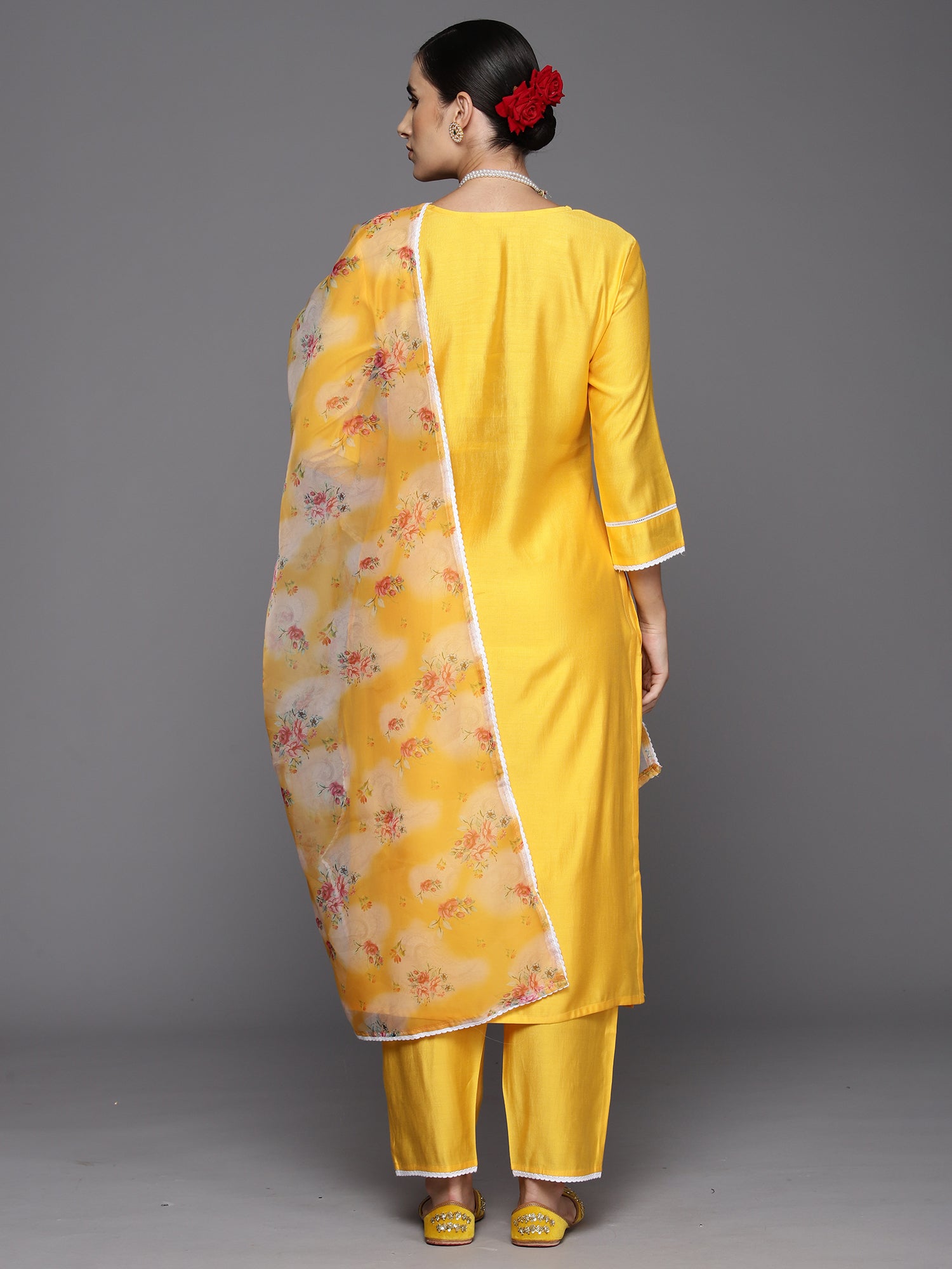 Yellow Embroidered Straight Kurta Trousers With Dupatta Set