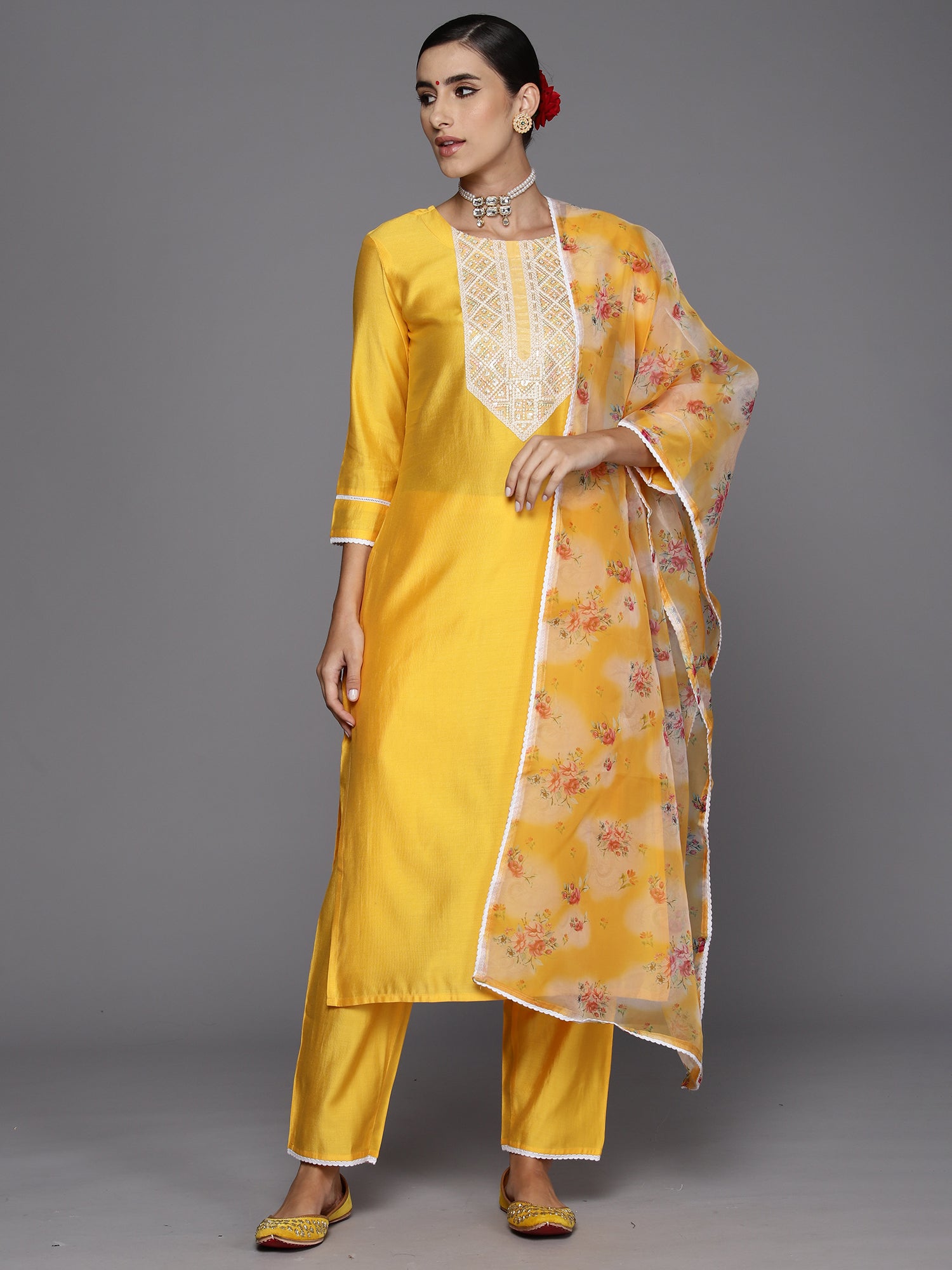 Yellow Embroidered Straight Kurta Trousers With Dupatta Set