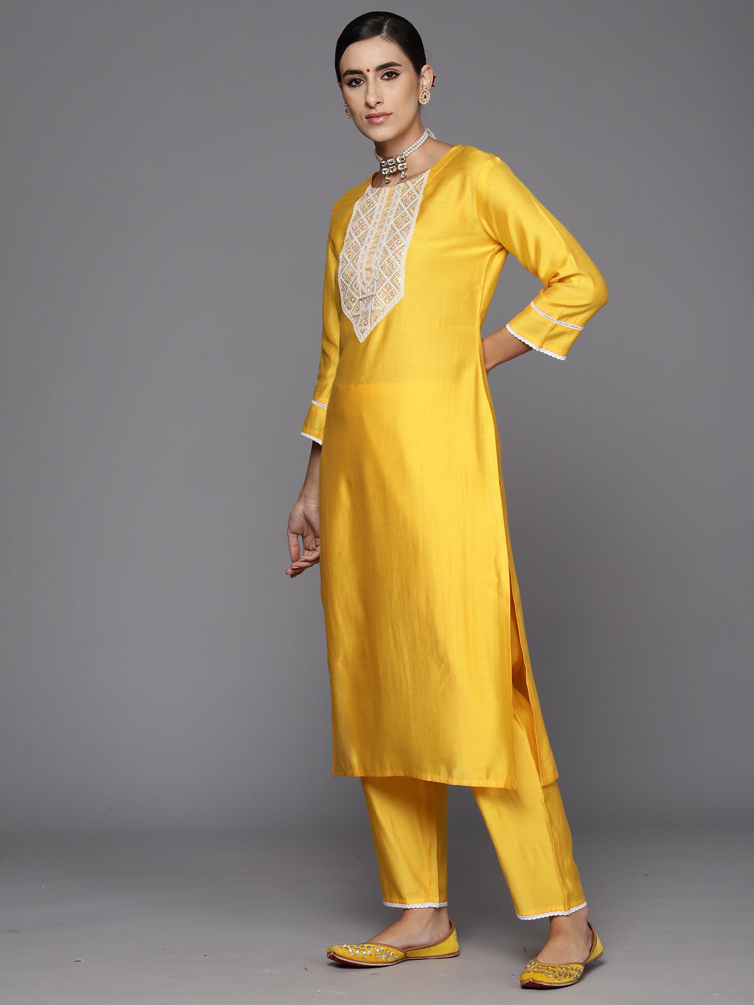 Yellow Embroidered Straight Kurta Trousers With Dupatta Set