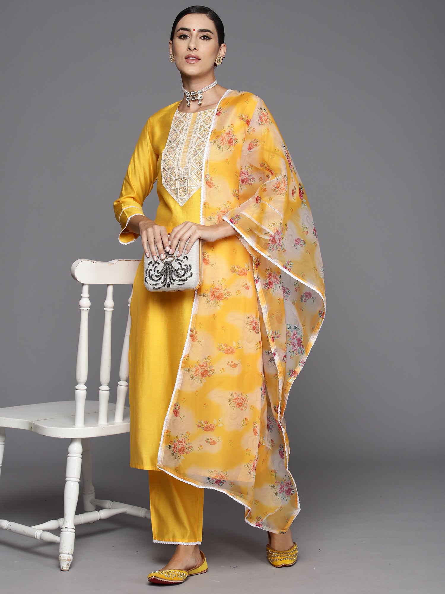 Yellow Embroidered Straight Kurta Trousers With Dupatta Set