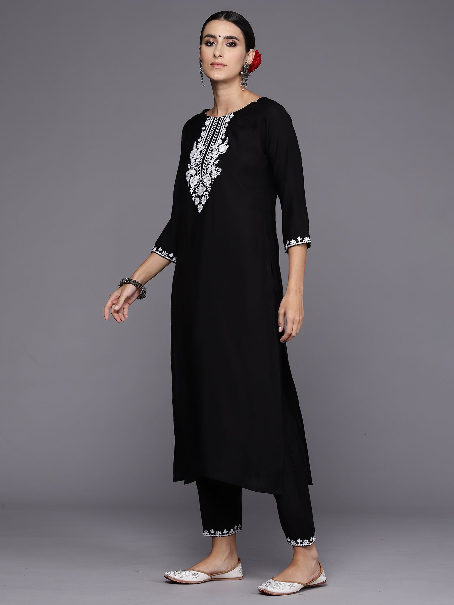 Black Embroidered Straight Kurta Trousers With Dupatta Set