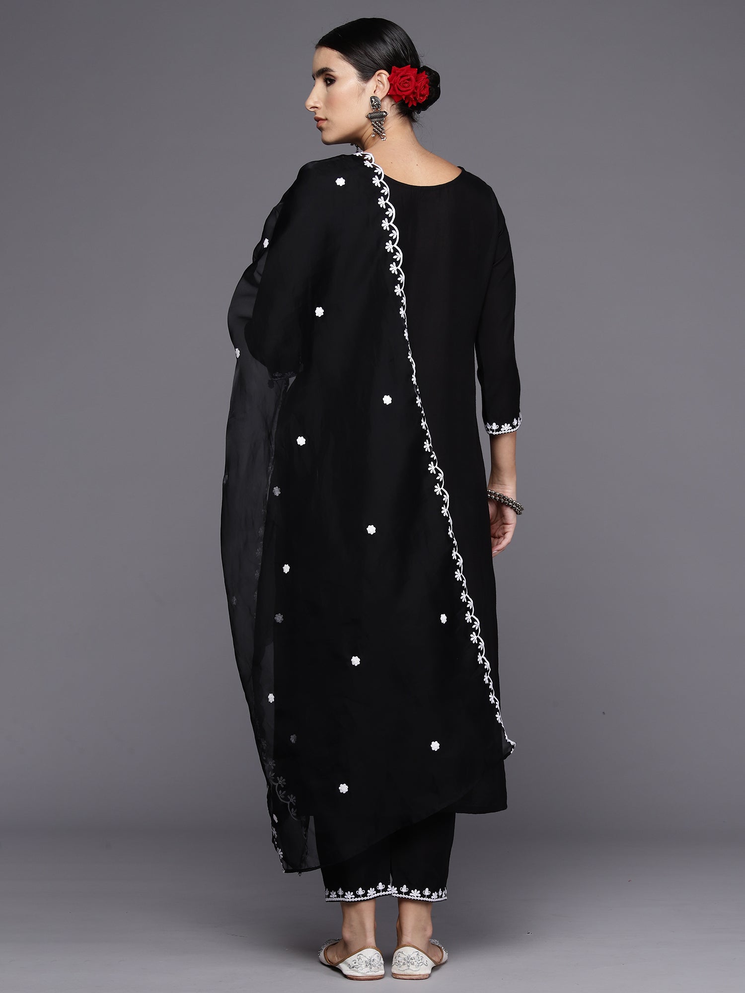 Black Embroidered Straight Kurta Trousers With Dupatta Set