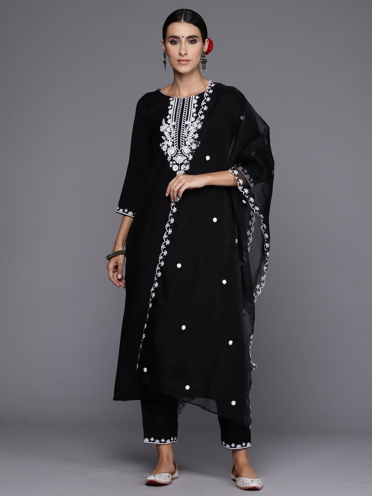 Black Embroidered Straight Kurta Trousers With Dupatta Set