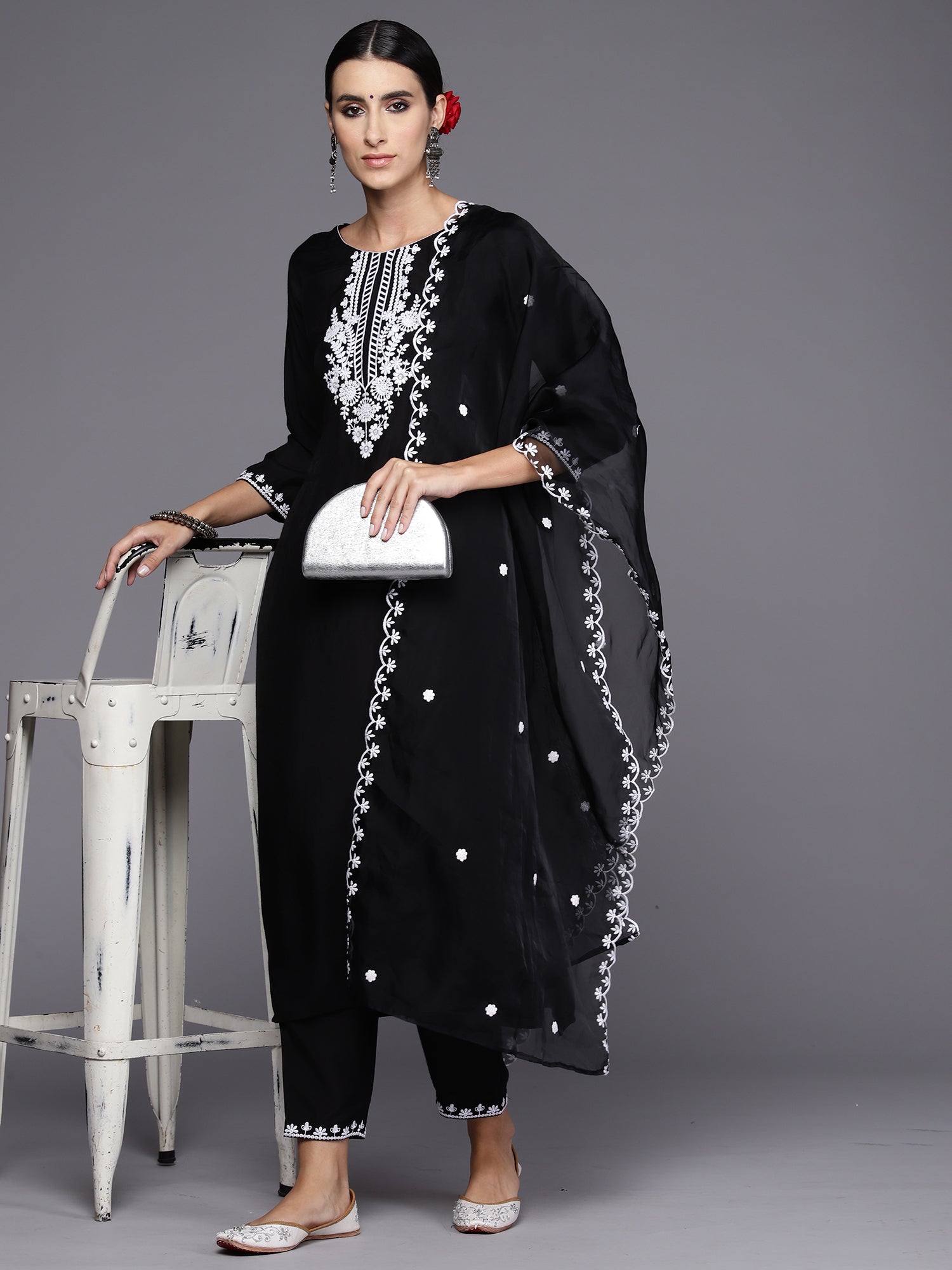 Black Embroidered Straight Kurta Trousers With Dupatta Set