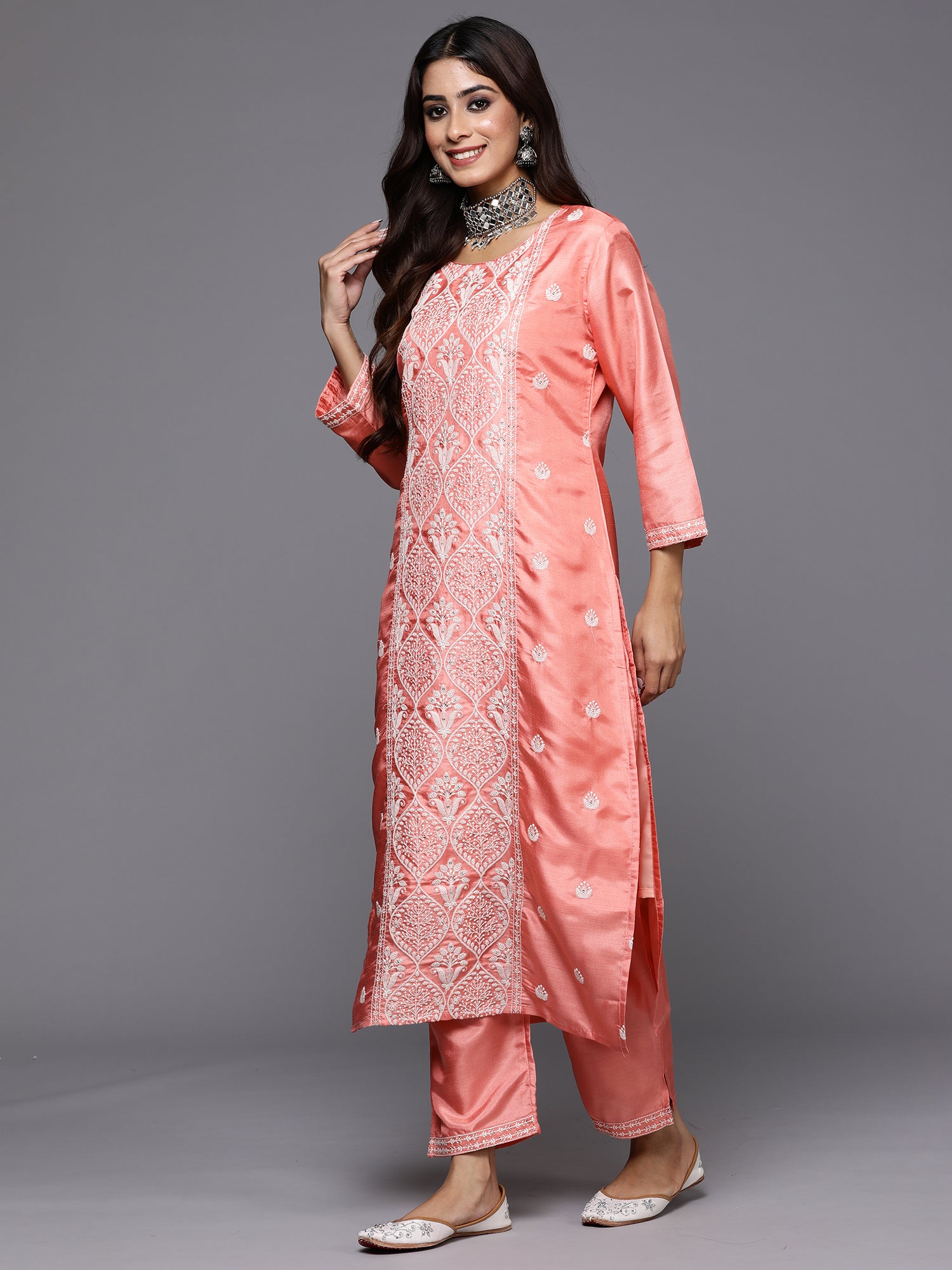 Peach Embroidered Straight Kurta Trousers With Dupatta Set