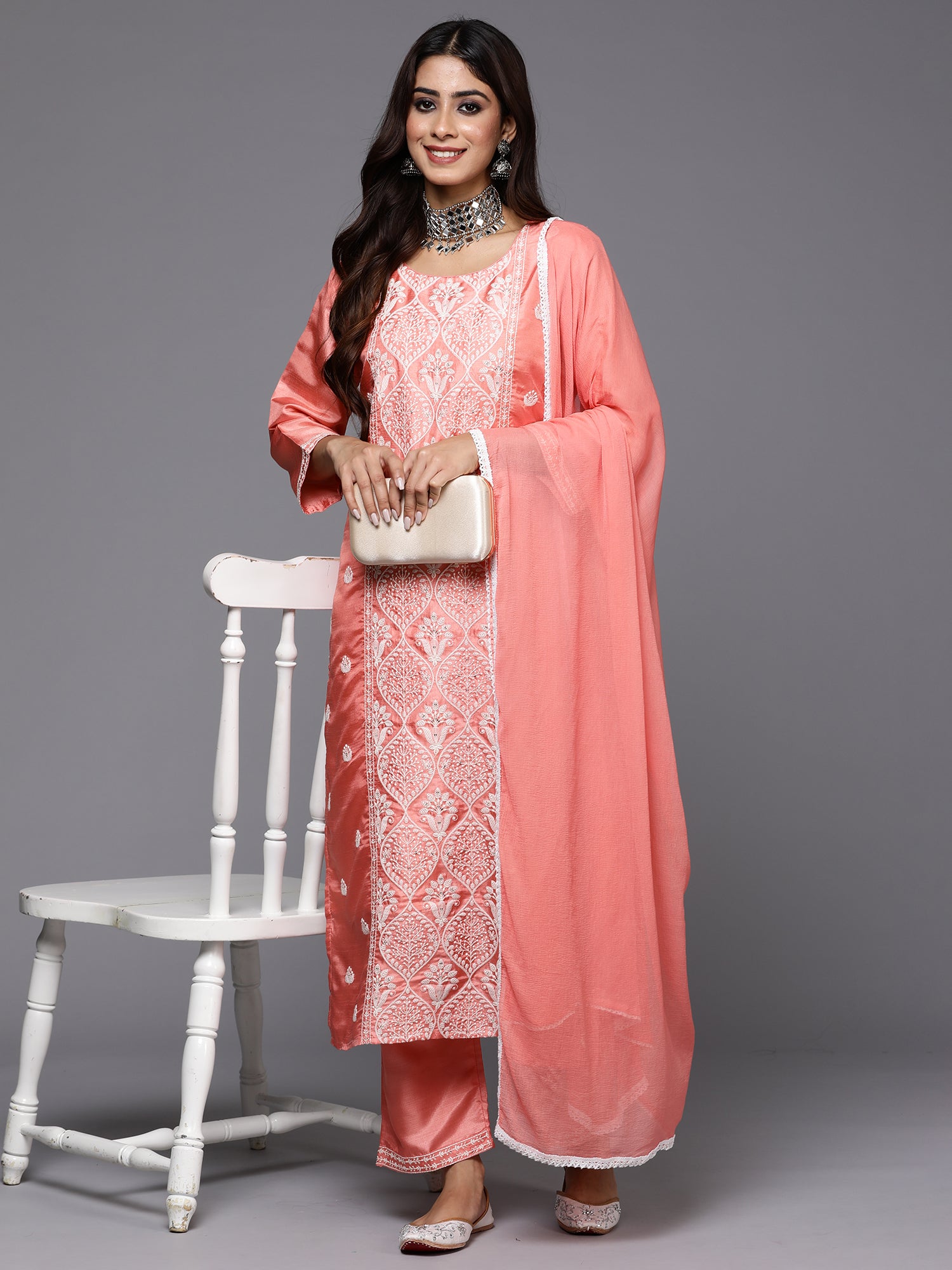 Peach Embroidered Straight Kurta Trousers With Dupatta Set