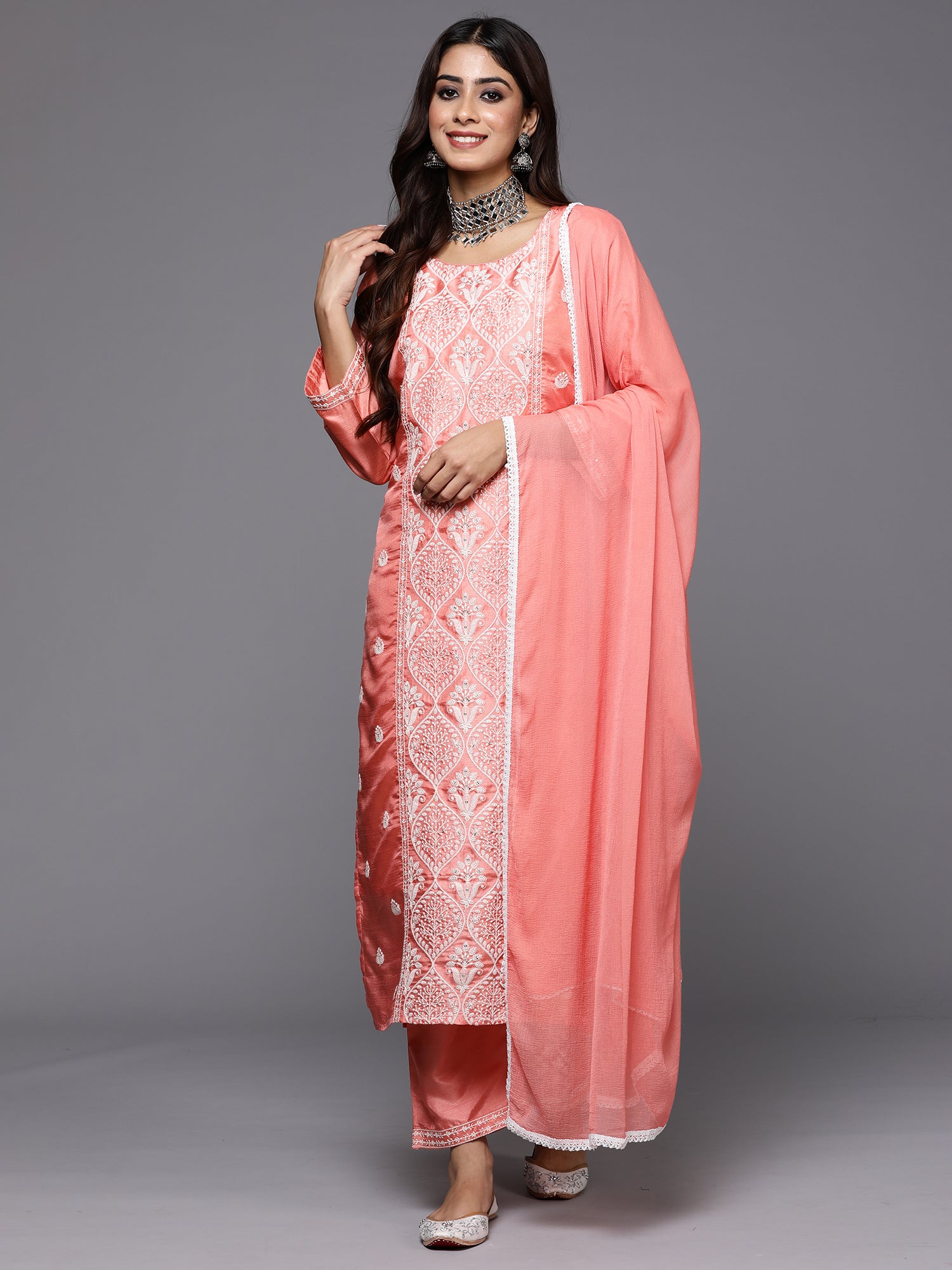 Peach Embroidered Straight Kurta Trousers With Dupatta Set