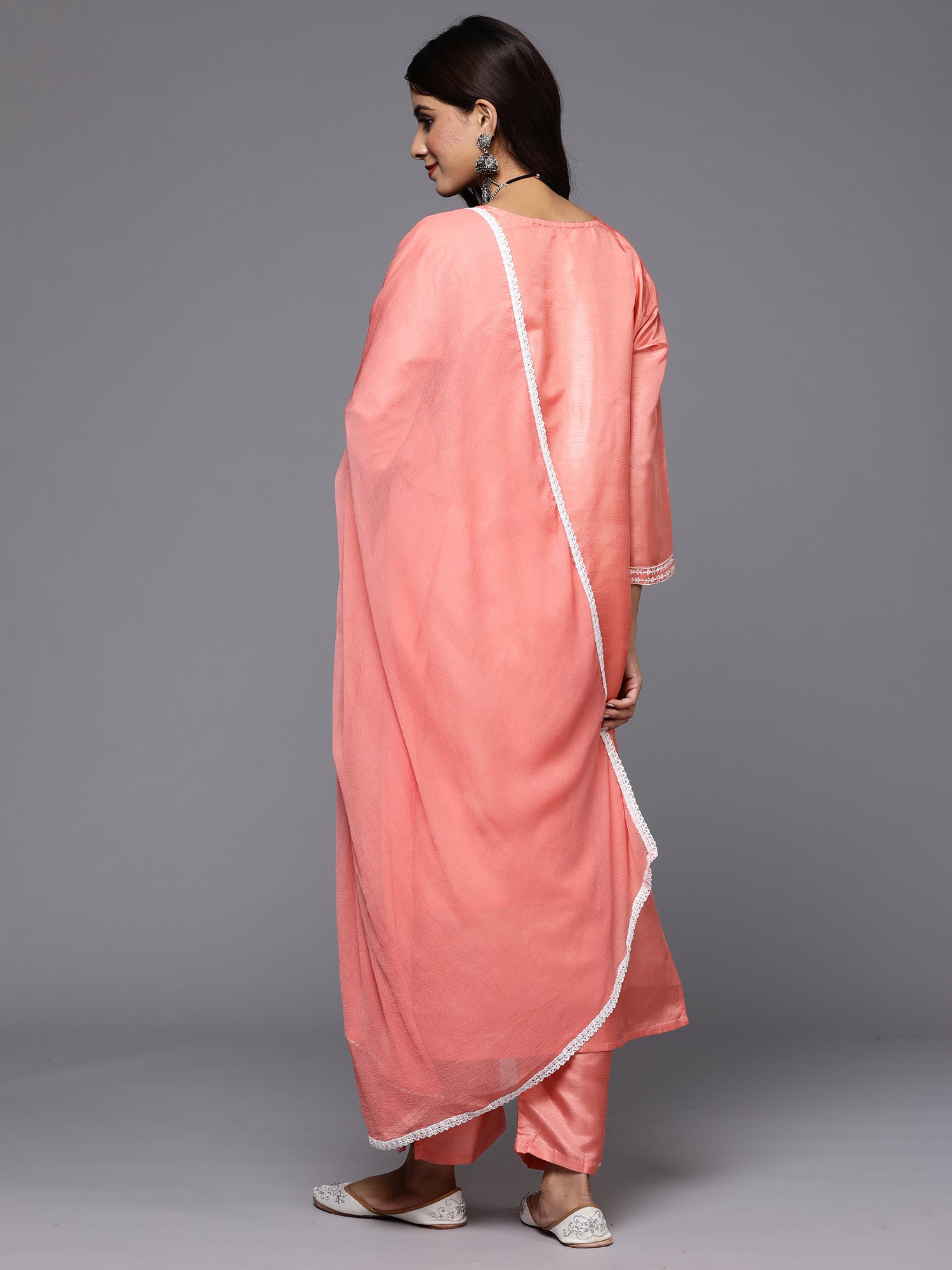 Peach Embroidered Straight Kurta Trousers With Dupatta Set