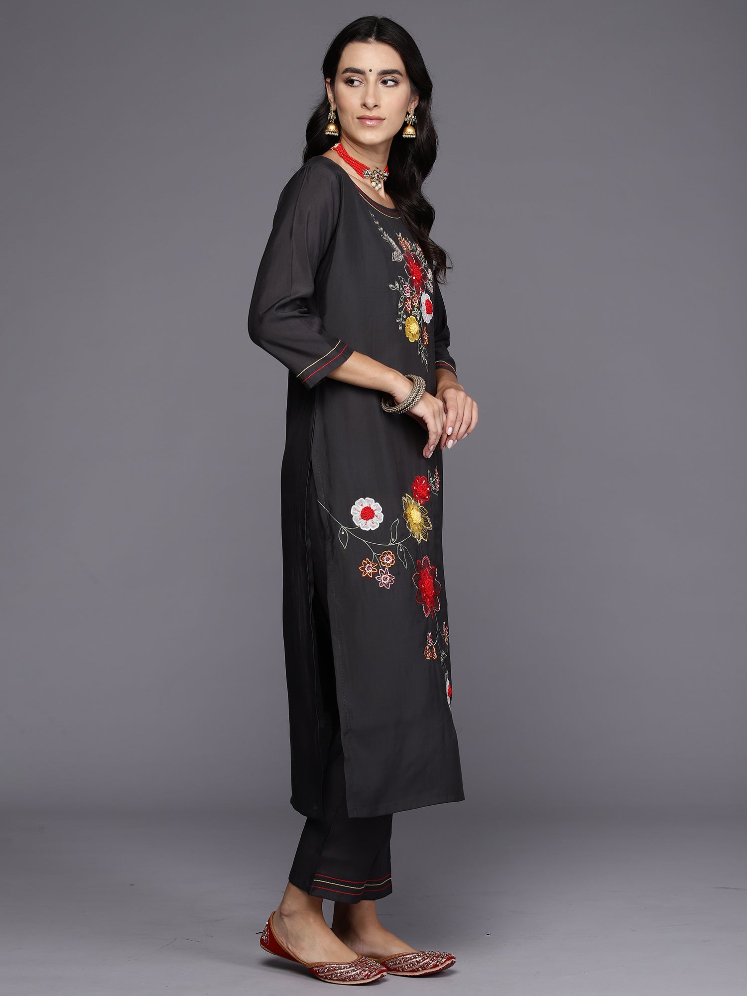 Grey Embroidered Straight Kurta Trousers With Dupatta Set