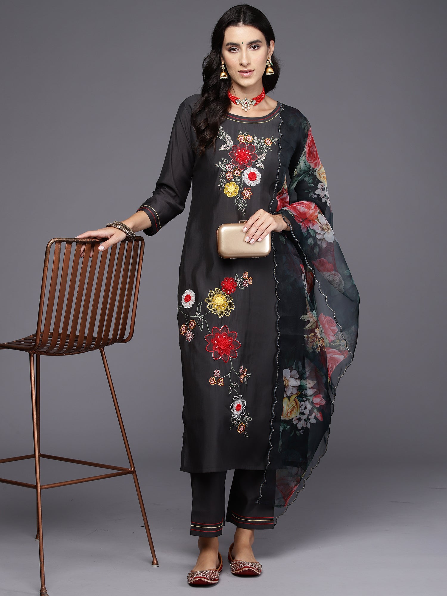 Grey Embroidered Straight Kurta Trousers With Dupatta Set