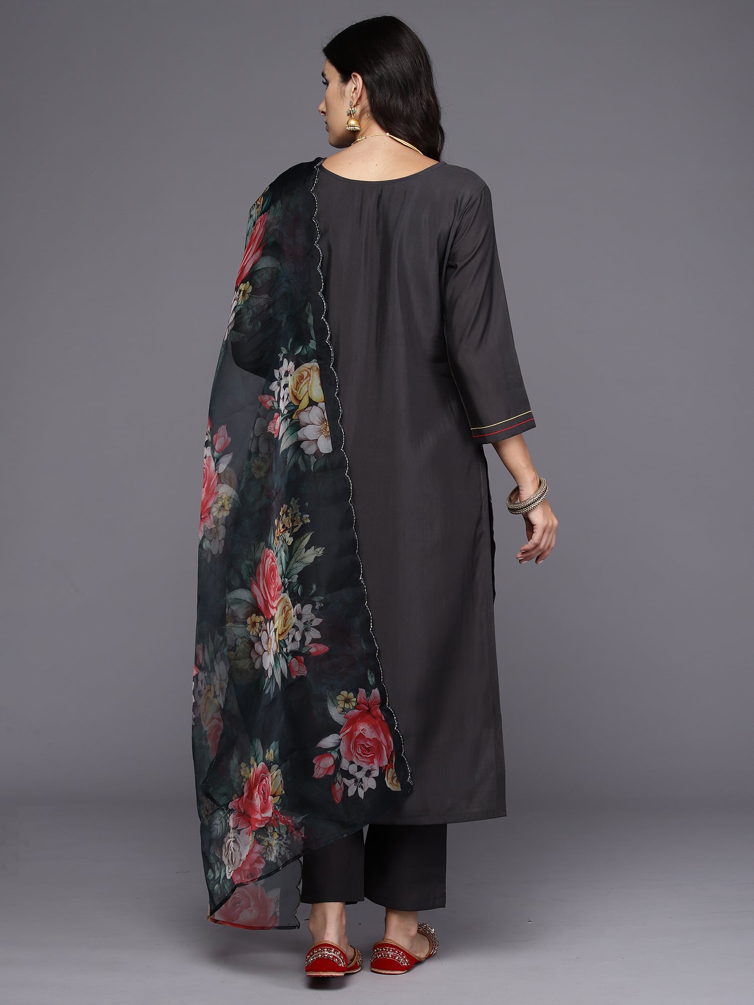 Grey Embroidered Straight Kurta Trousers With Dupatta Set