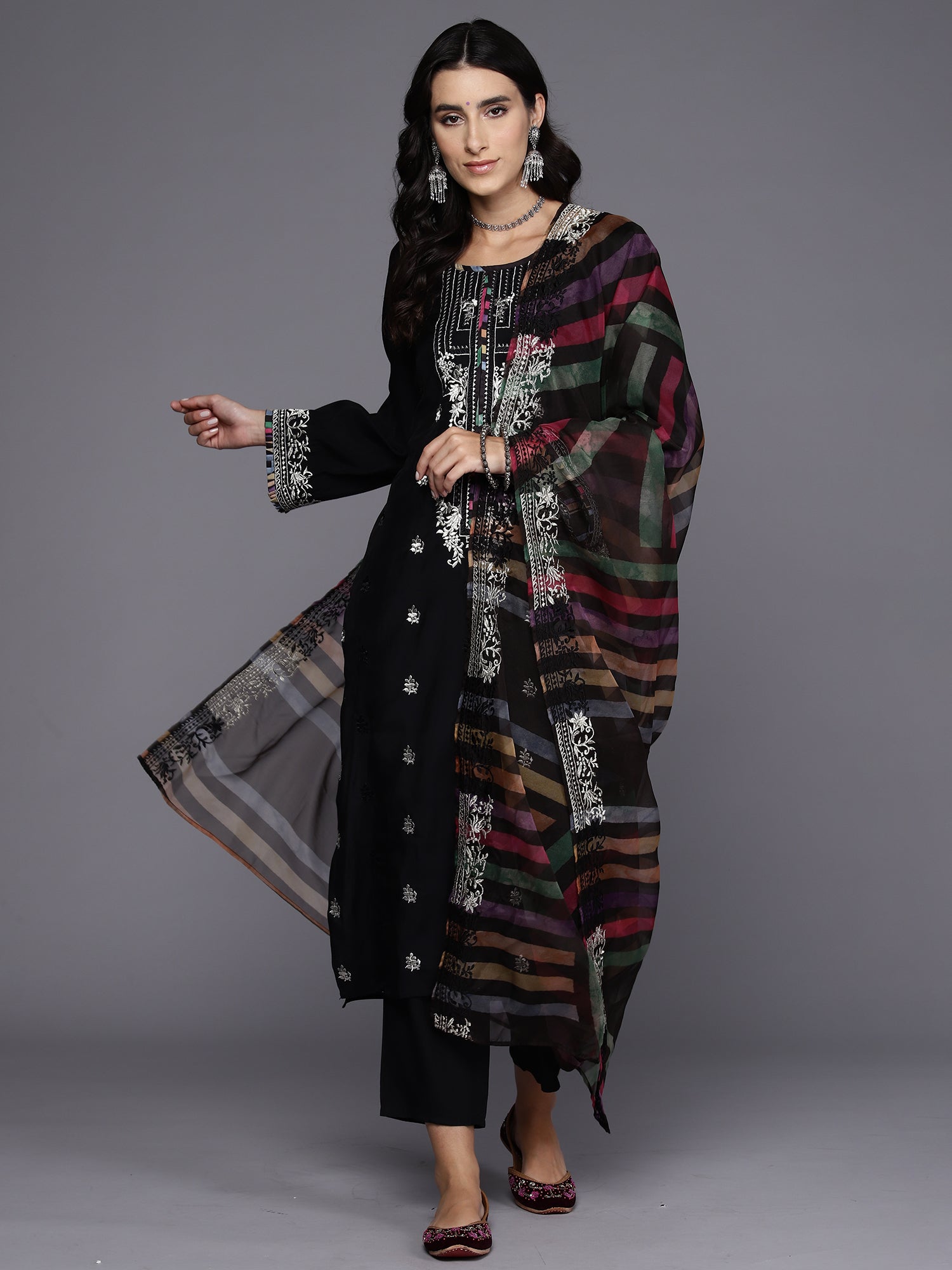 Black Embroidered Straight Kurta Trousers With Dupatta Set