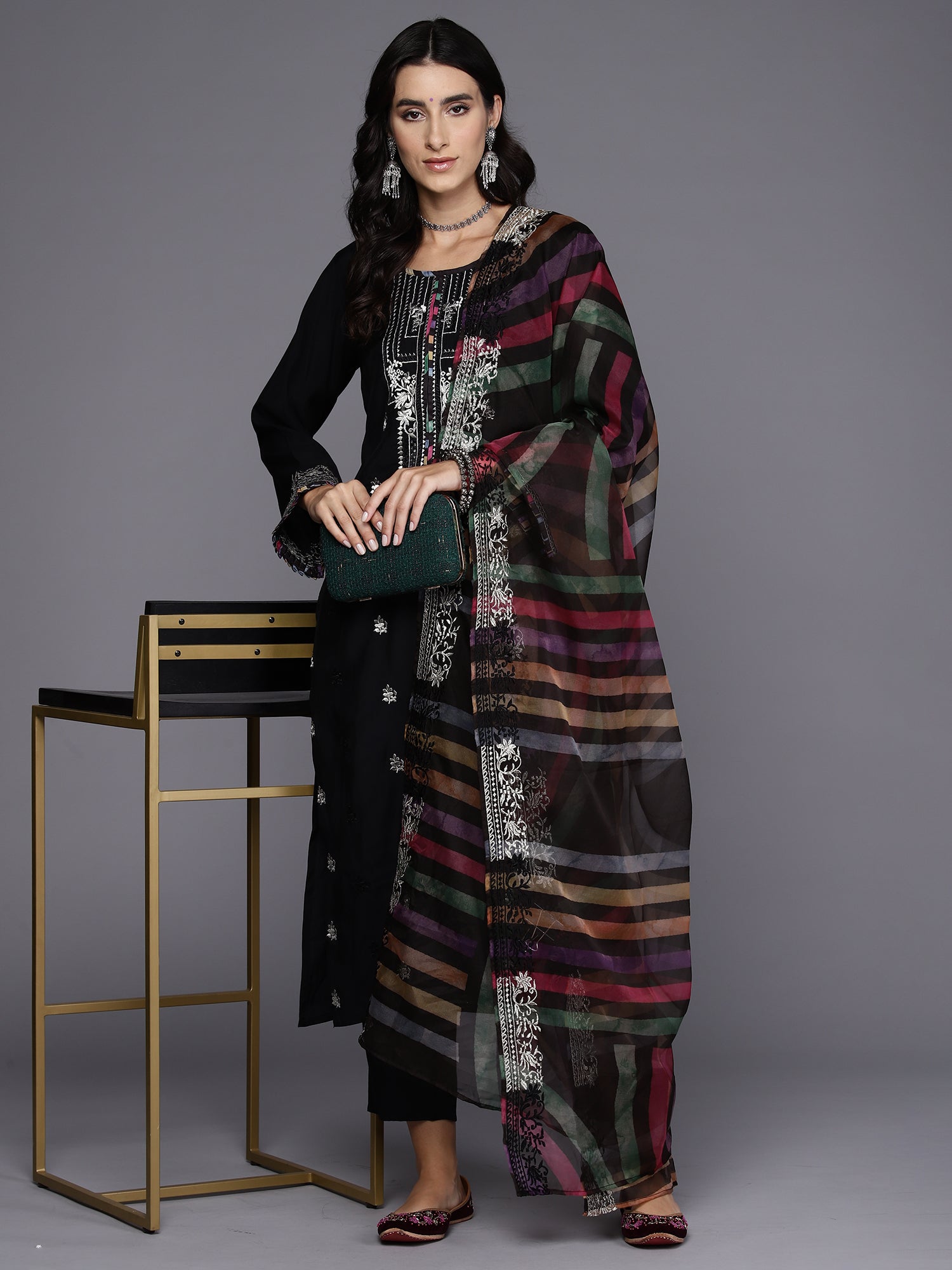 Black Embroidered Straight Kurta Trousers With Dupatta Set