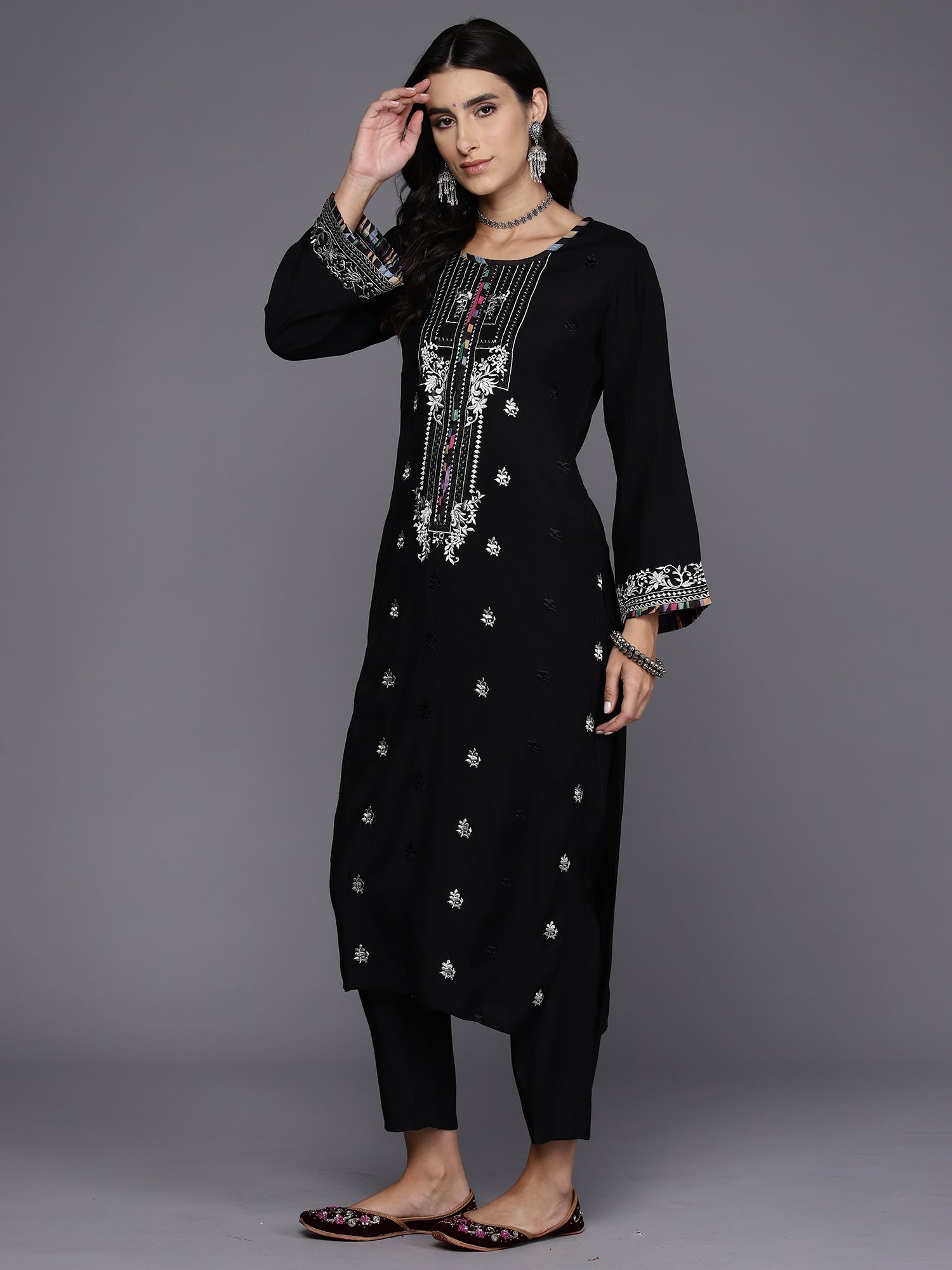 Black Embroidered Straight Kurta Trousers With Dupatta Set