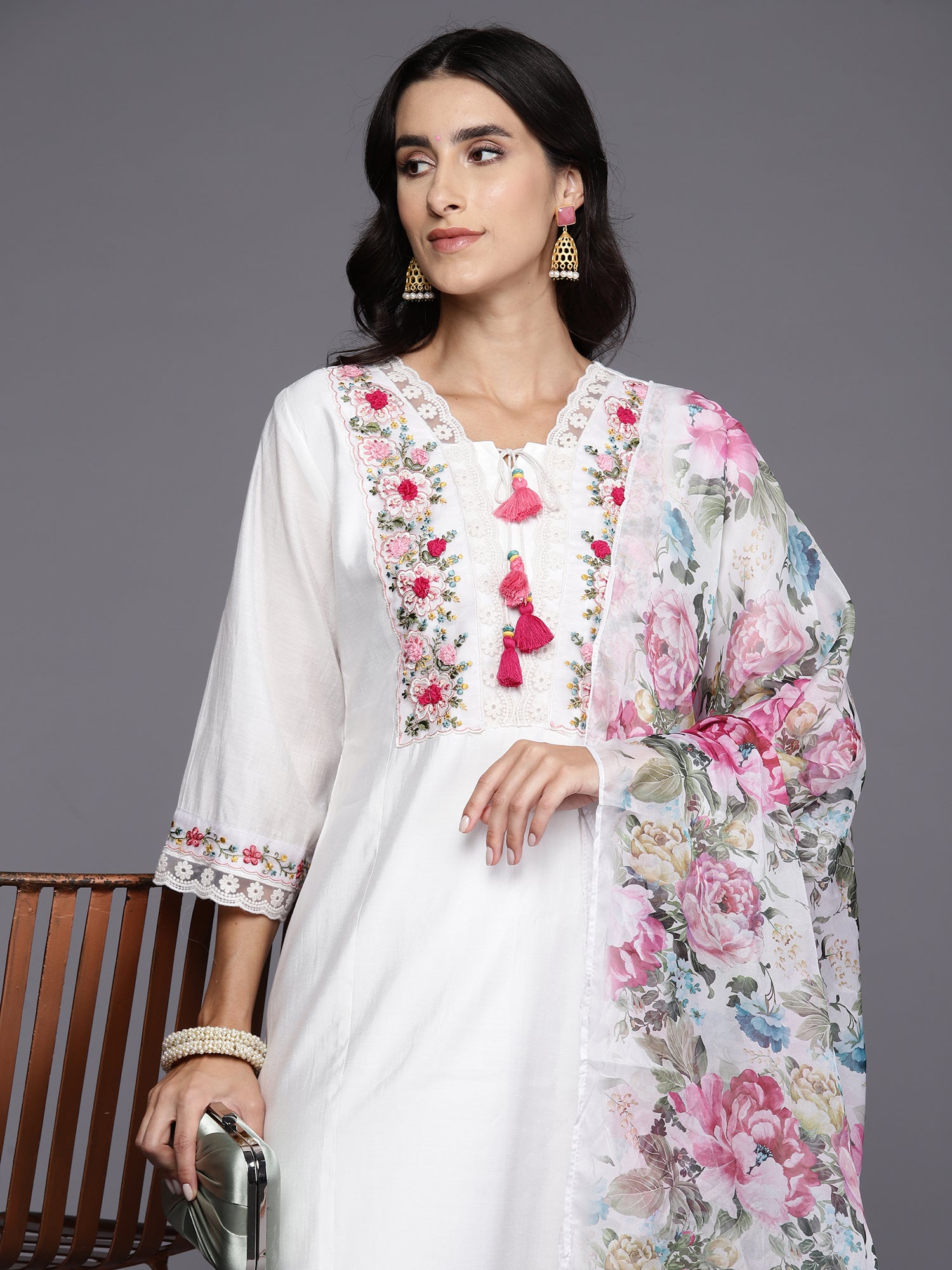 White Embroidered A-Line Kurta Trousers With Dupatta Set