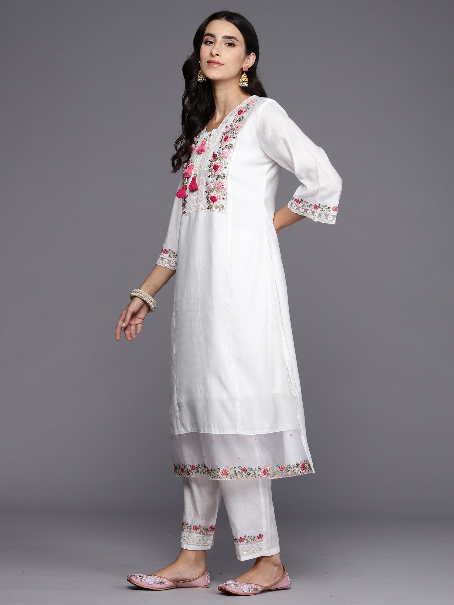 White Embroidered A-Line Kurta Trousers With Dupatta Set