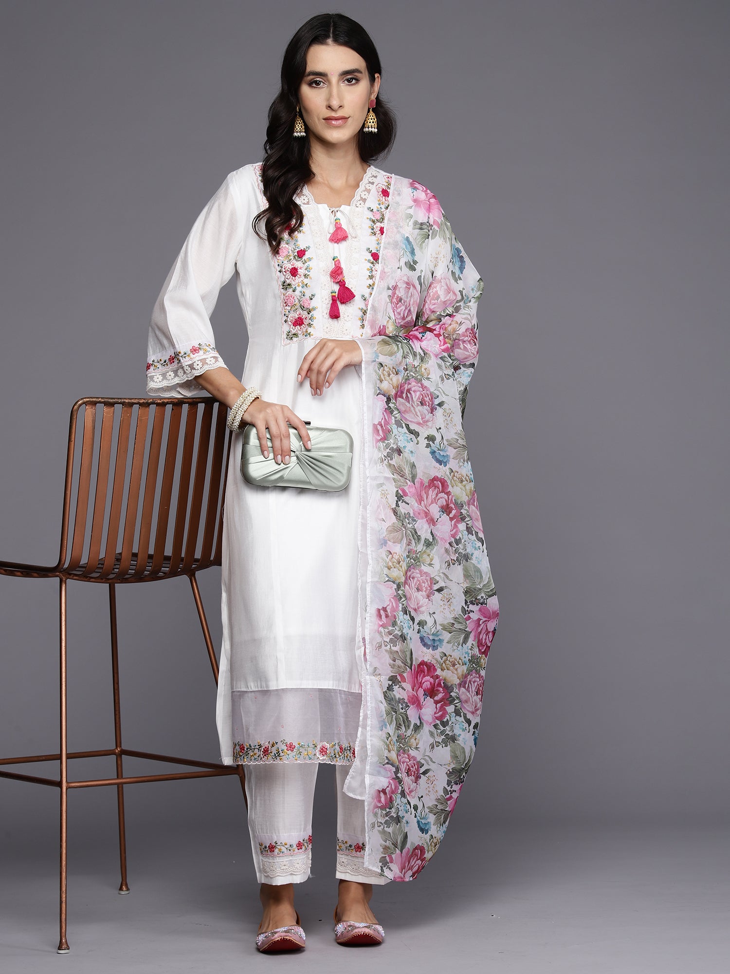 White Embroidered A-Line Kurta Trousers With Dupatta Set