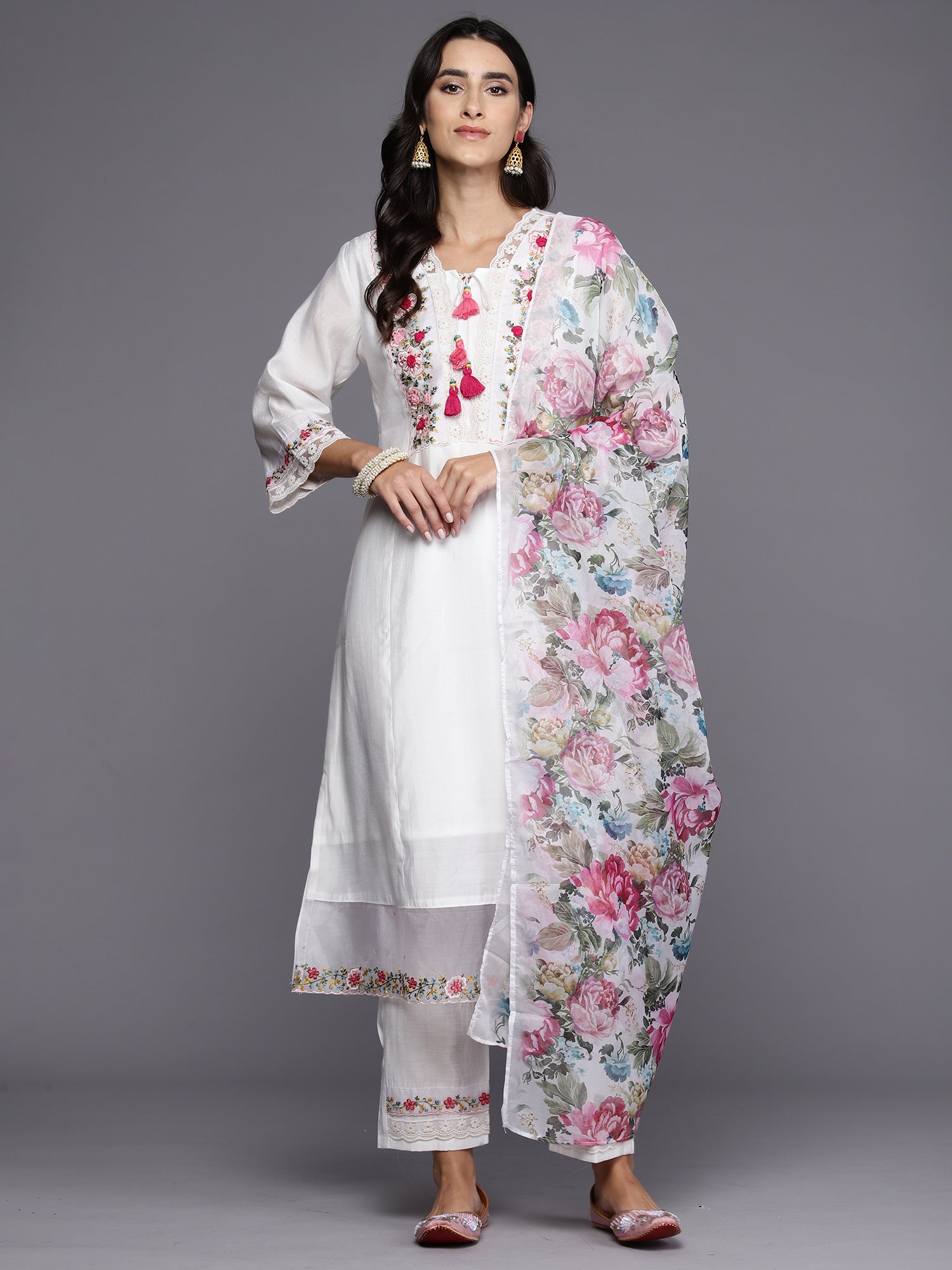 White Embroidered A-Line Kurta Trousers With Dupatta Set