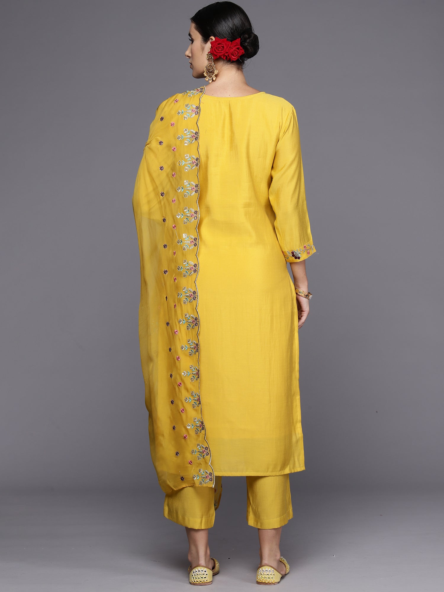 Yellow Embroidered Straight Kurta Trousers With Dupatta Set