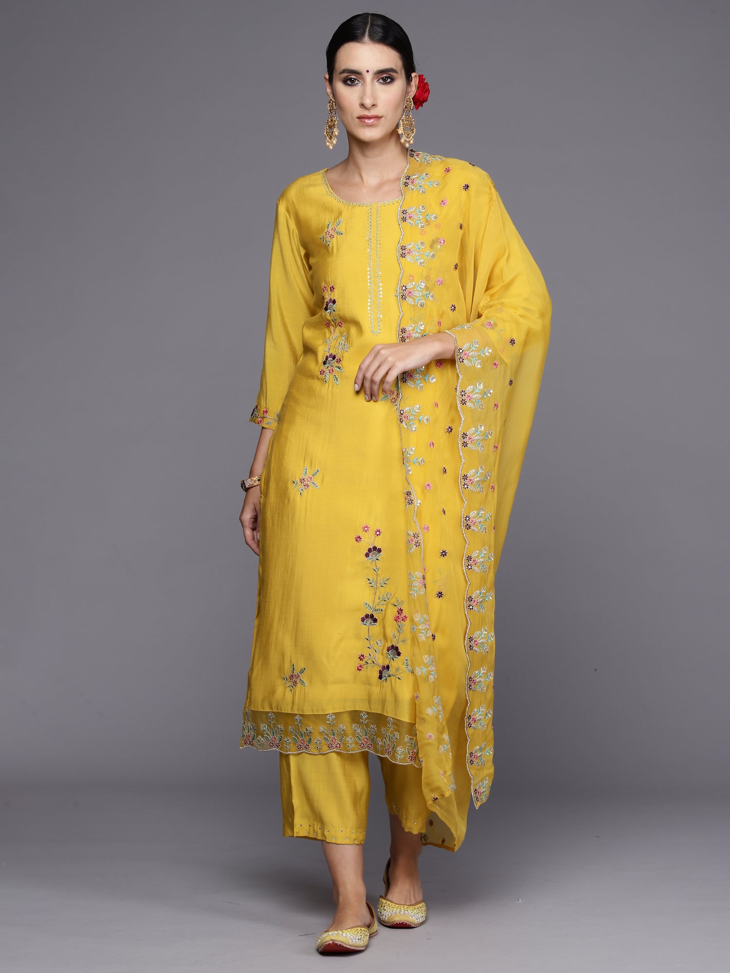 Yellow Embroidered Straight Kurta Trousers With Dupatta Set